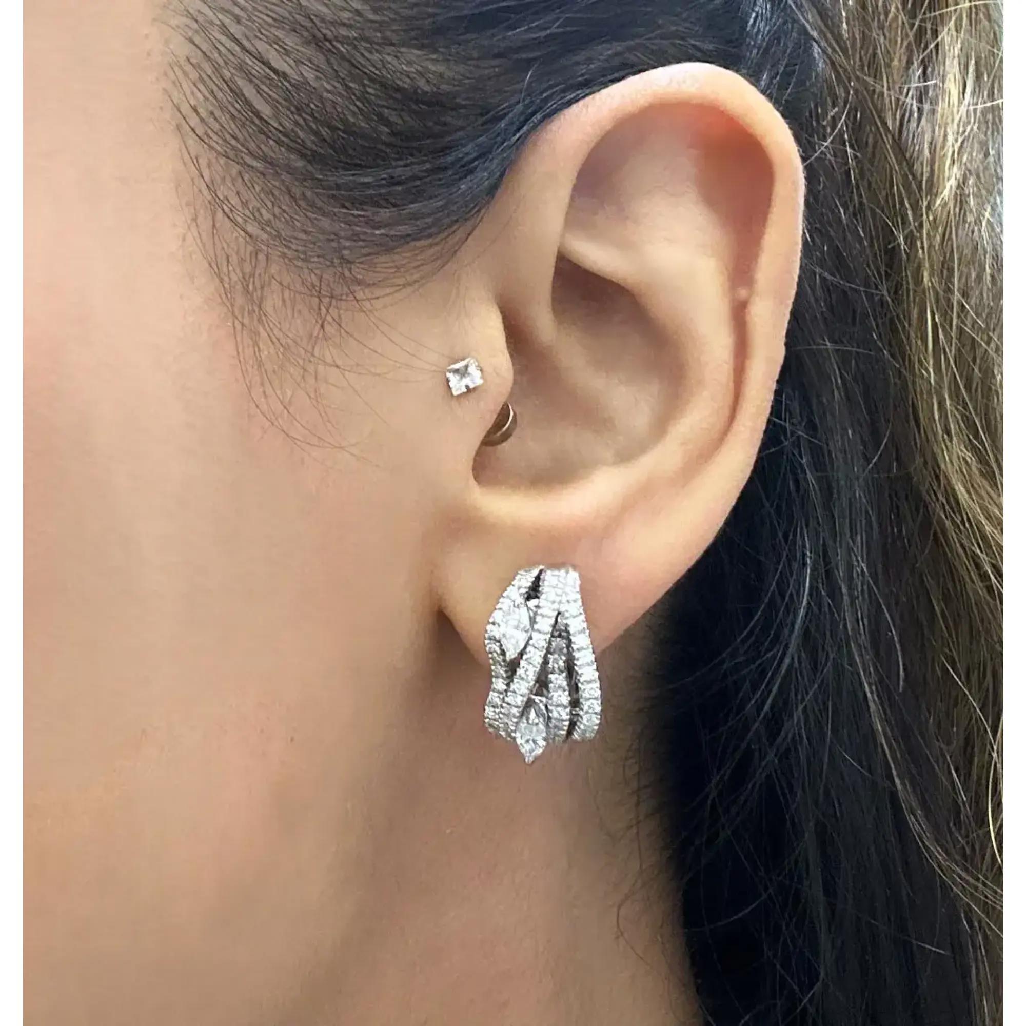Marquise Cut Damiani Marquise and Round Cut Diamond Huggie Earrings 18K White Gold 1.71Cttw For Sale