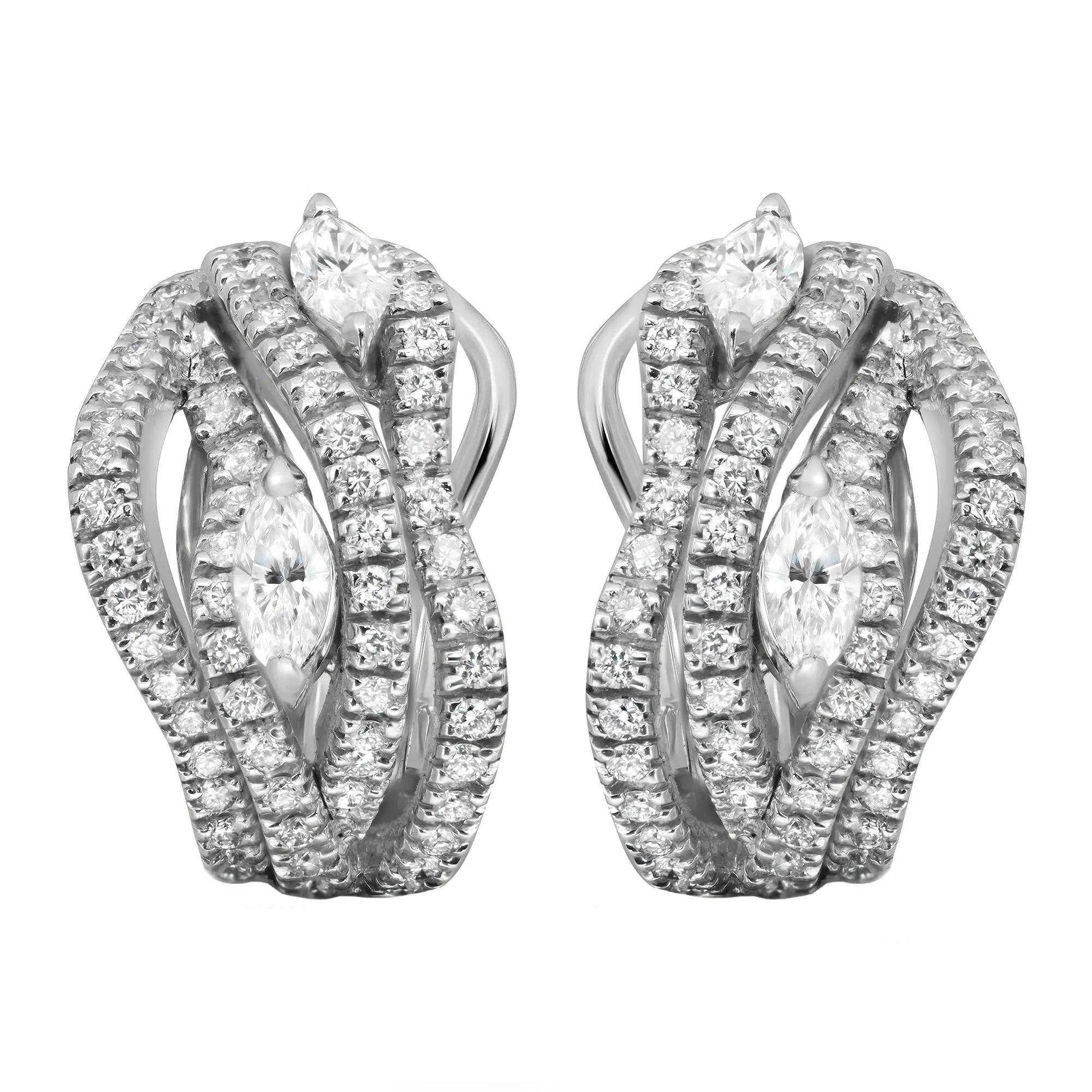 Damiani Marquise and Round Cut Diamond Huggie Earrings 18K White Gold 1.71Cttw For Sale