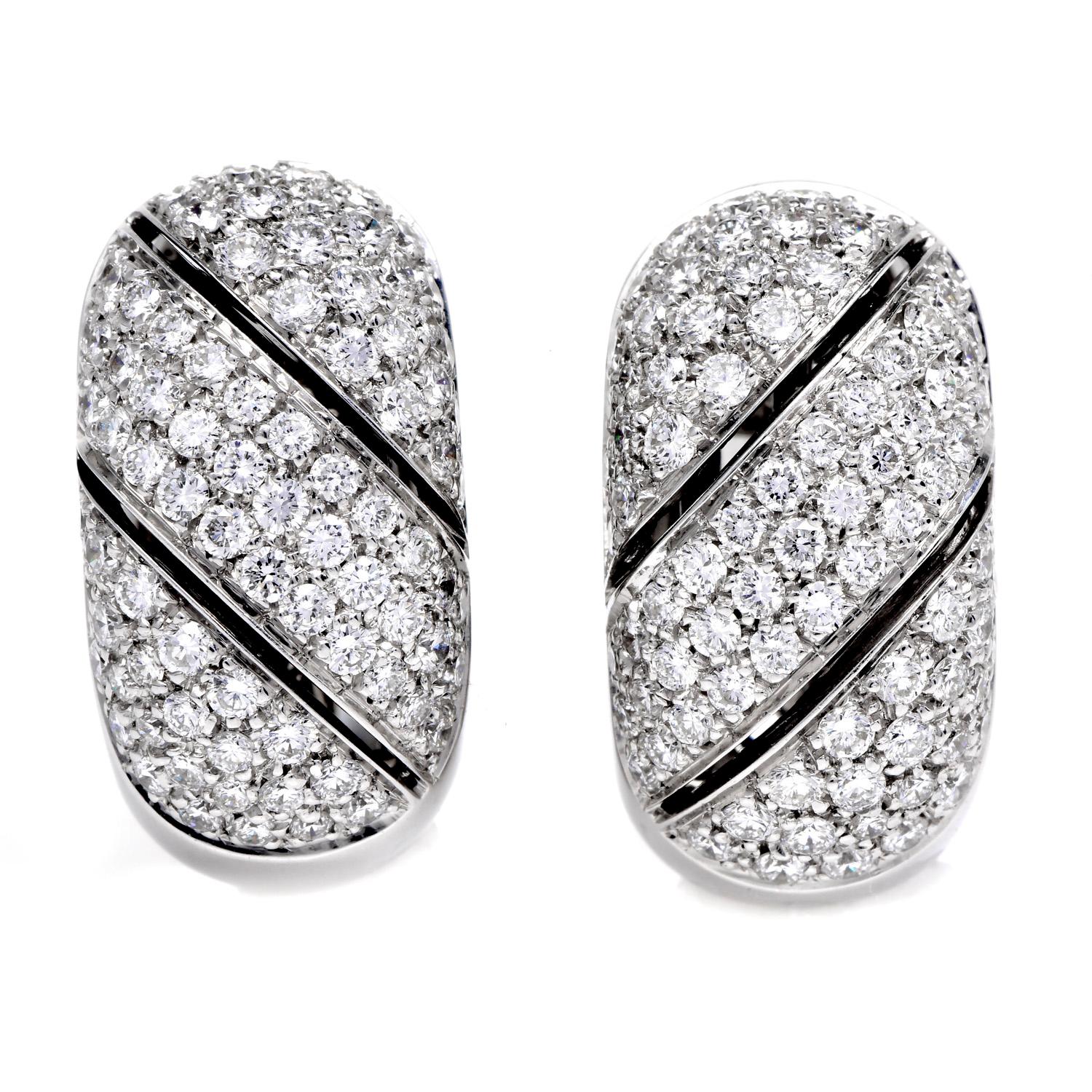Timeless Elegance and Dazzling Sparkle, With Italian-made Damiani Design earrings.

Make these 18k hoop Earrings ready to shine,  Crafted in Solid 18k white gold, with extra white and clean 166 Round Cut Diamonds with a total carat weight of