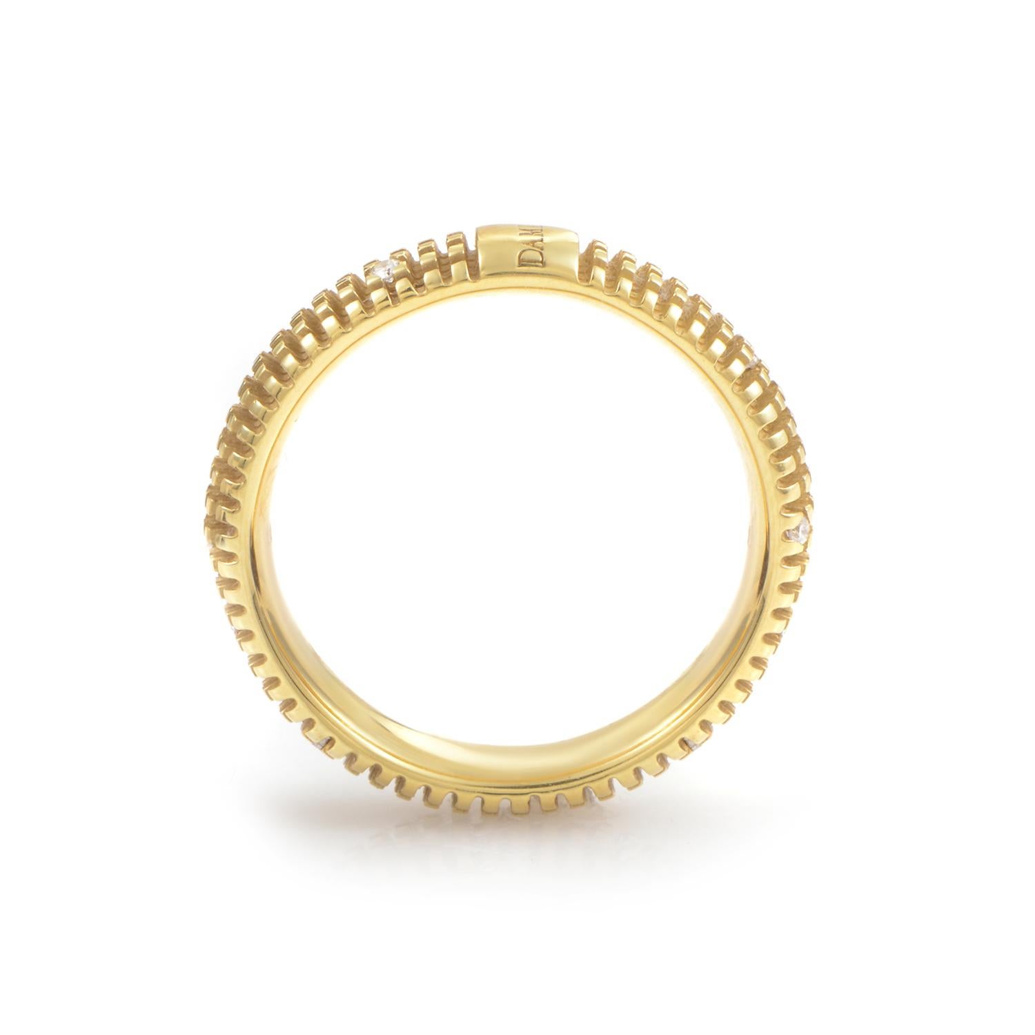 This band ring from Damiani has a fairly simple design that is still very distinguished. The ring is made of 18K yellow gold and is set with ~.07ct of diamonds.
