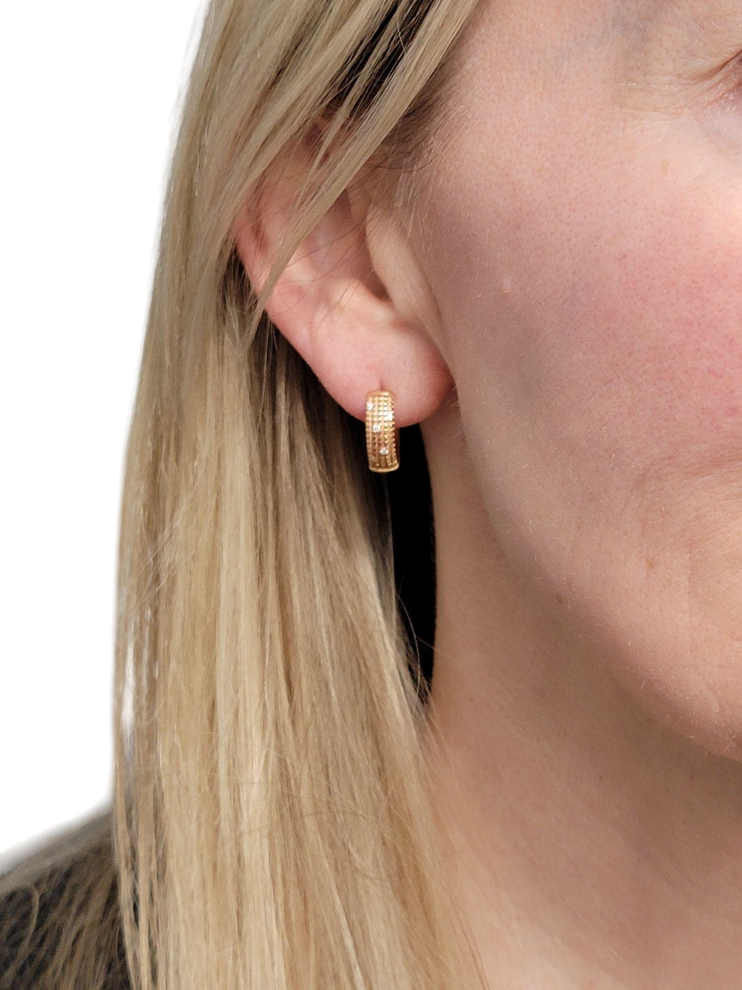 Damiani Metropolitan Diamond Huggie Hoop Earrings in Textured 18 Karat Rose Gold For Sale 4
