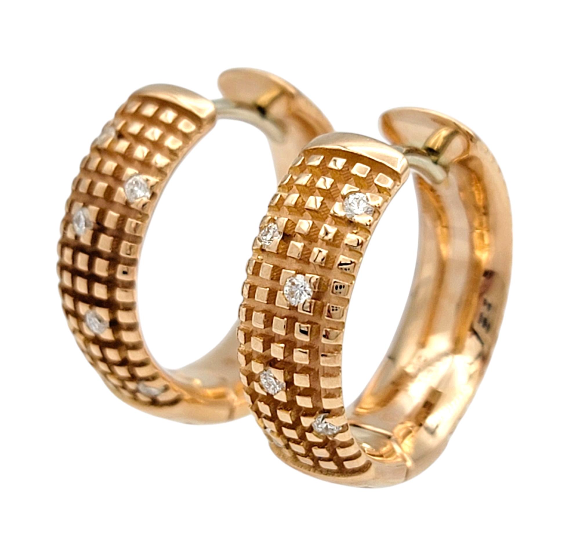 Contemporary Damiani Metropolitan Diamond Huggie Hoop Earrings in Textured 18 Karat Rose Gold For Sale