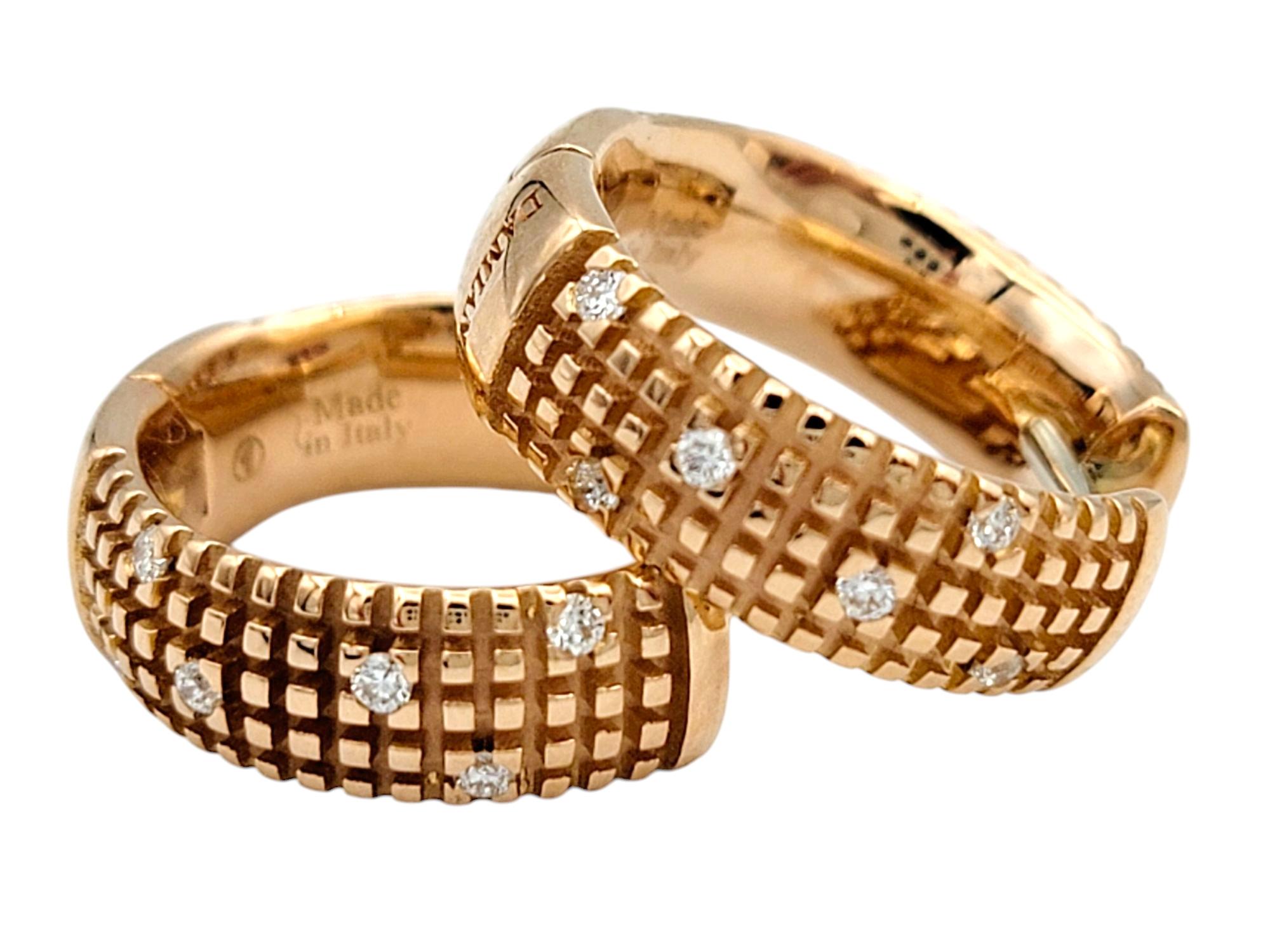 Round Cut Damiani Metropolitan Diamond Huggie Hoop Earrings in Textured 18 Karat Rose Gold For Sale