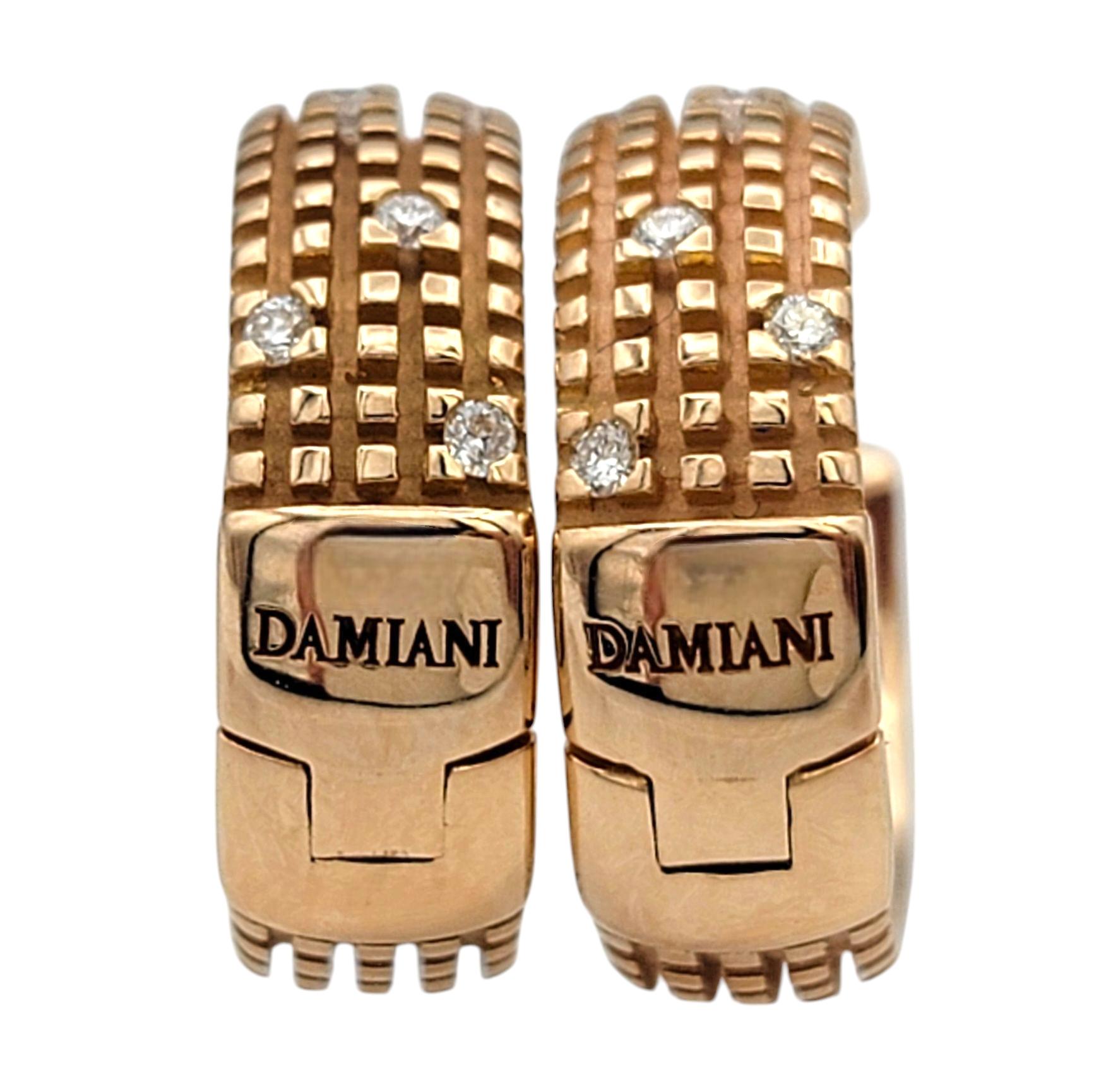 Damiani Metropolitan Diamond Huggie Hoop Earrings in Textured 18 Karat Rose Gold In Good Condition For Sale In Scottsdale, AZ