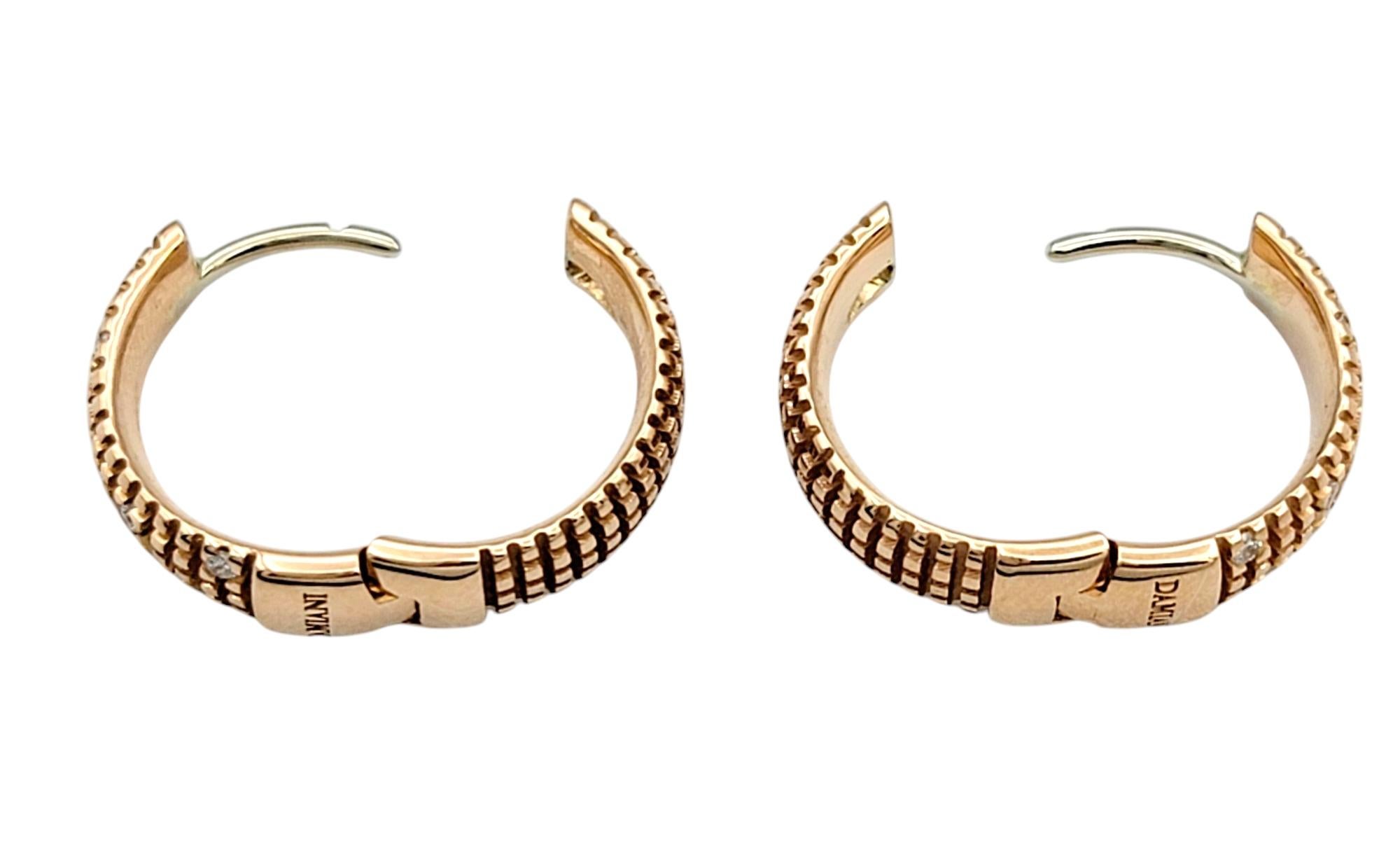 Women's Damiani Metropolitan Diamond Huggie Hoop Earrings in Textured 18 Karat Rose Gold For Sale