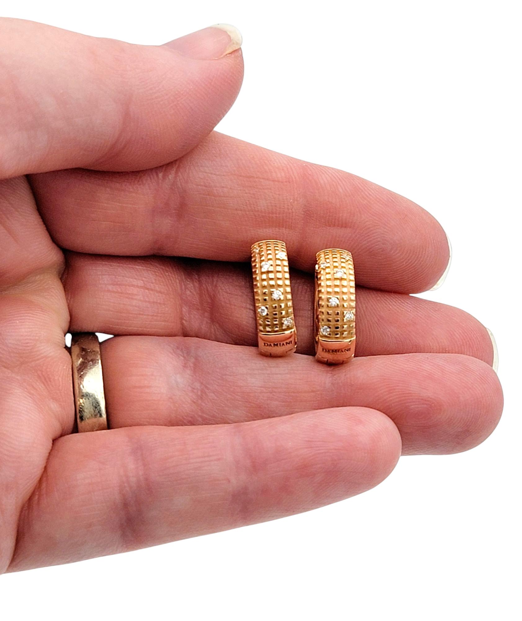 Damiani Metropolitan Diamond Huggie Hoop Earrings in Textured 18 Karat Rose Gold For Sale 2