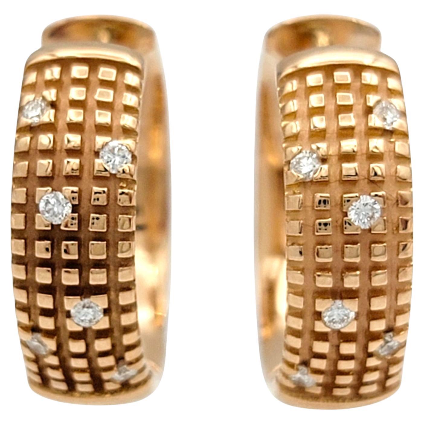 Damiani Metropolitan Diamond Huggie Hoop Earrings in Textured 18 Karat Rose Gold For Sale