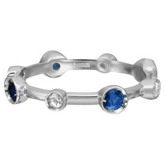 Damiani Anello a fascia con gocce di luna, diamanti e zaffiri blu, oro bianco 18 carati, misura 7,5