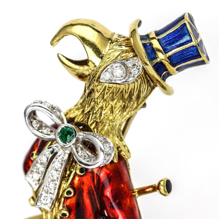 Contemporary Damiani Parrot 18 Karat Gold Enamel Diamond Emerald Brooch with Pyrite Stand For Sale