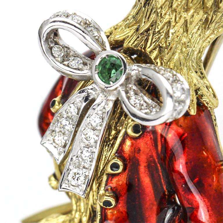 Damiani Parrot 18 Karat Gold Enamel Diamond Emerald Brooch with Pyrite Stand For Sale 1