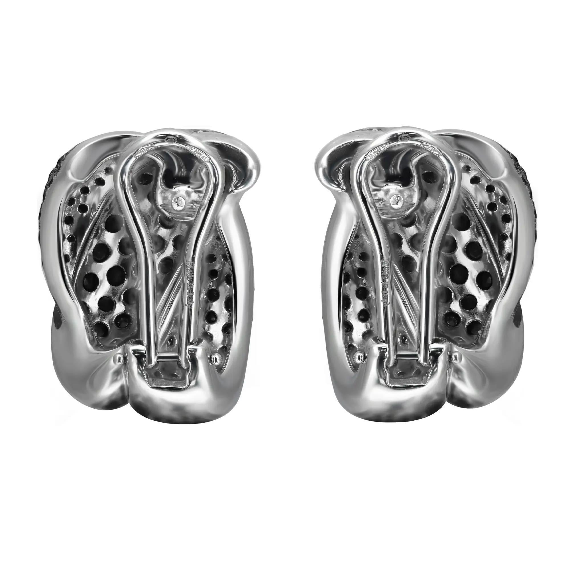 Modern Damiani Pave Set Black Diamond Huggie Earrings 18K White Gold 4.76Cttw For Sale