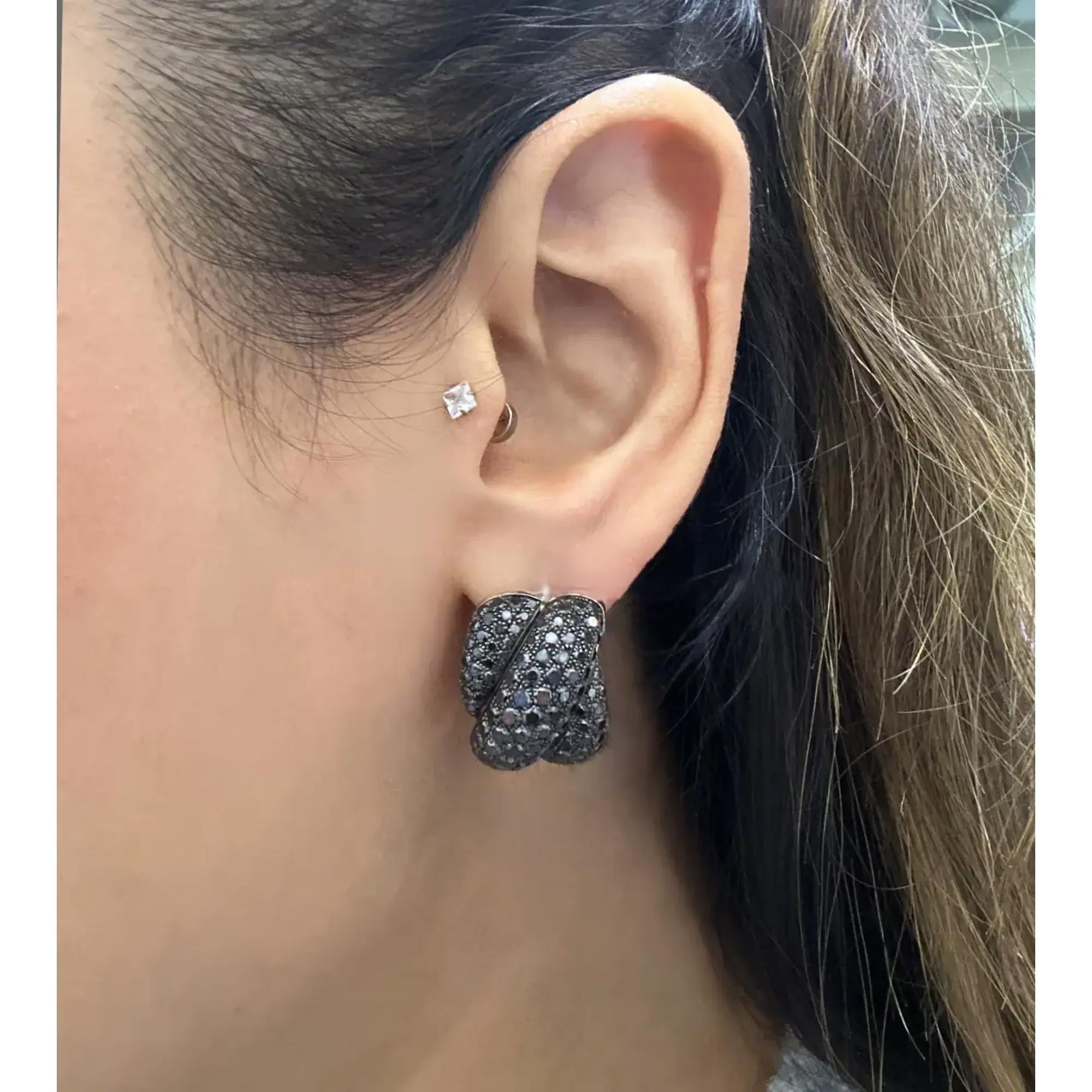 Round Cut Damiani Pave Set Black Diamond Huggie Earrings 18K White Gold 4.76Cttw For Sale