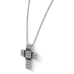 Damiani Round Cut Diamond & Blue Sapphire Cross Pendant Necklace 18K White Gold