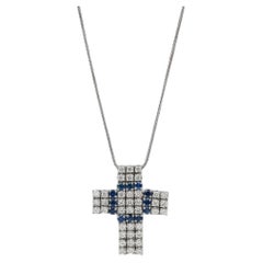 Damiani Round Cut Diamond & Blue Sapphire Cross Pendant Necklace 18K White Gold