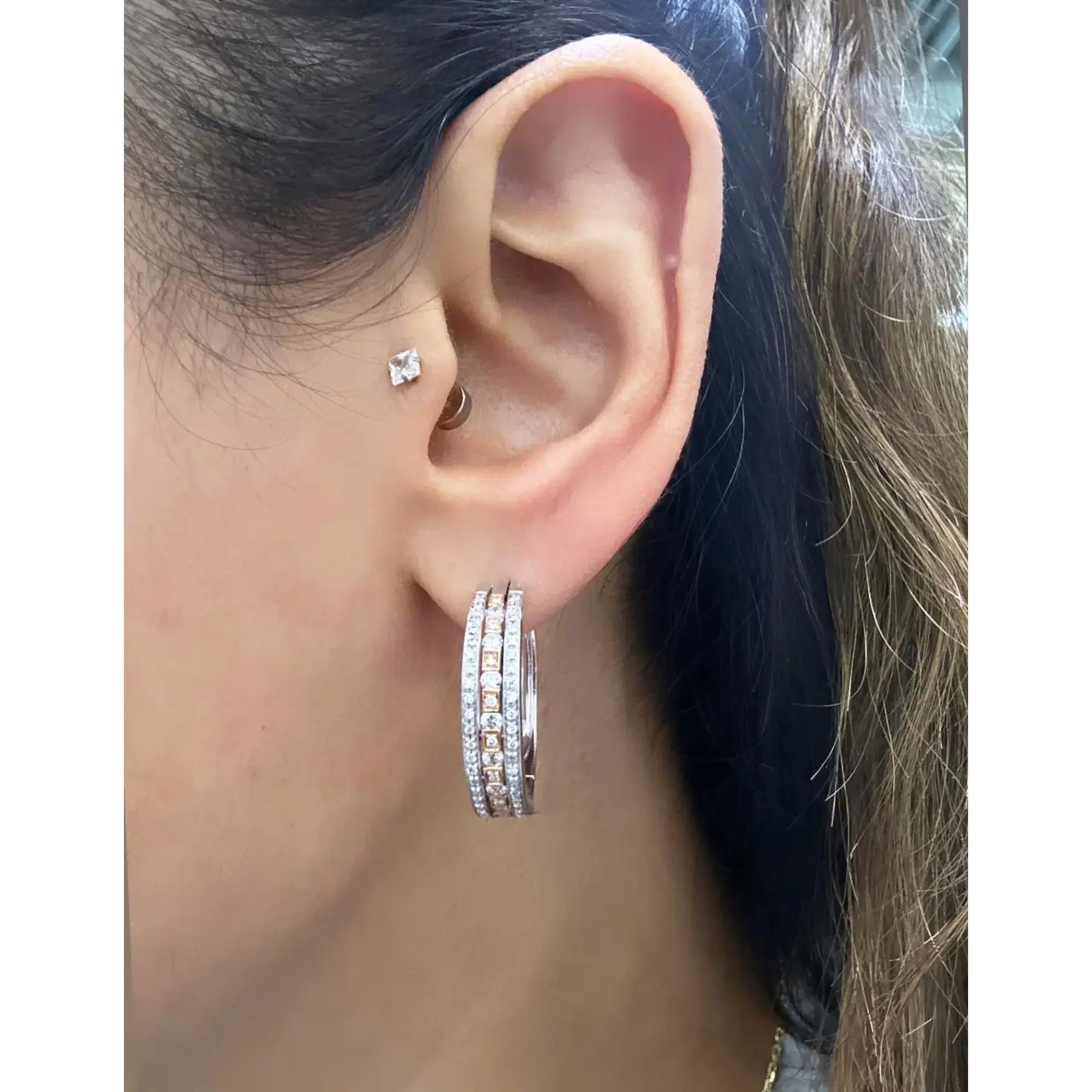 Damiani Round Cut Diamond Hoop Earrings 18K White and Rose Gold 1.27Cttw In New Condition For Sale In New York, NY