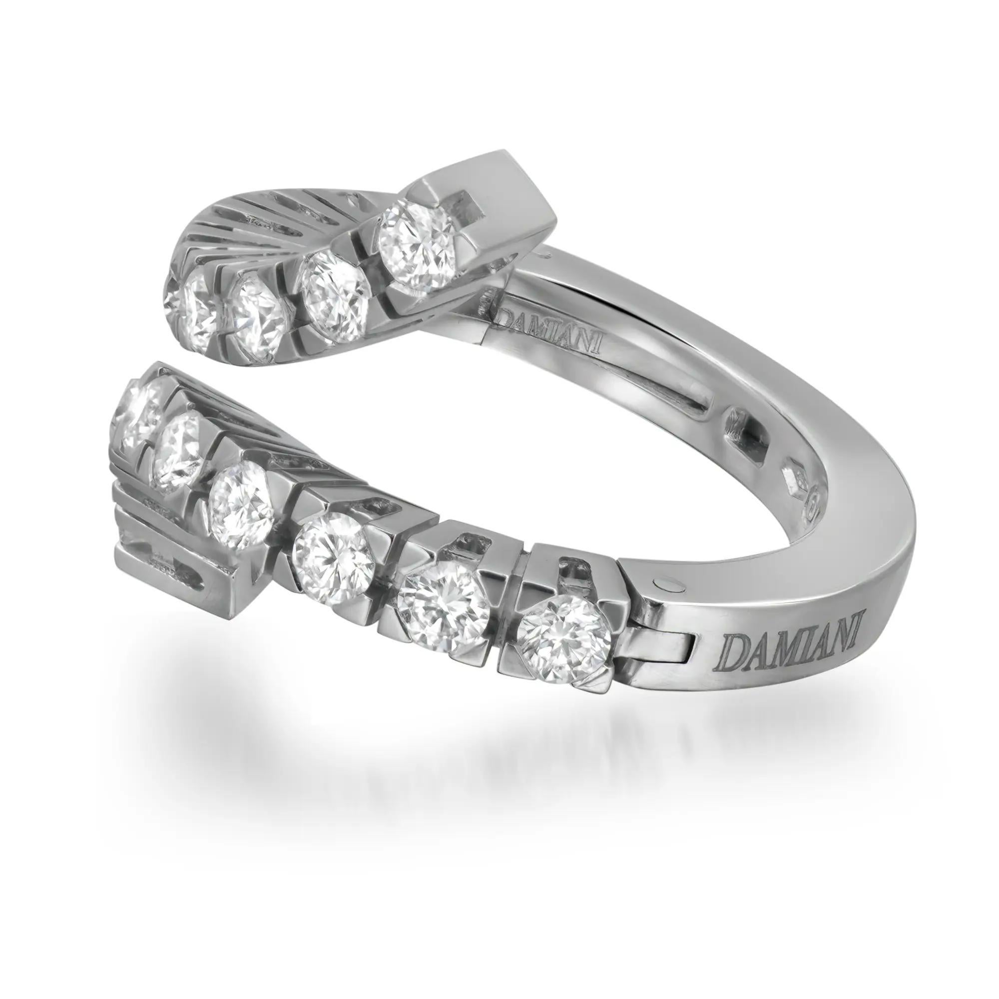 This luxurious Damiani ladies diamond cocktail ring showcases 1.26 carats of dazzling bright round cut diamonds in prong setting. This ring features an open, hinged top that makes it easy to adjust to fit any finger size. Crafted in lustrous 18K