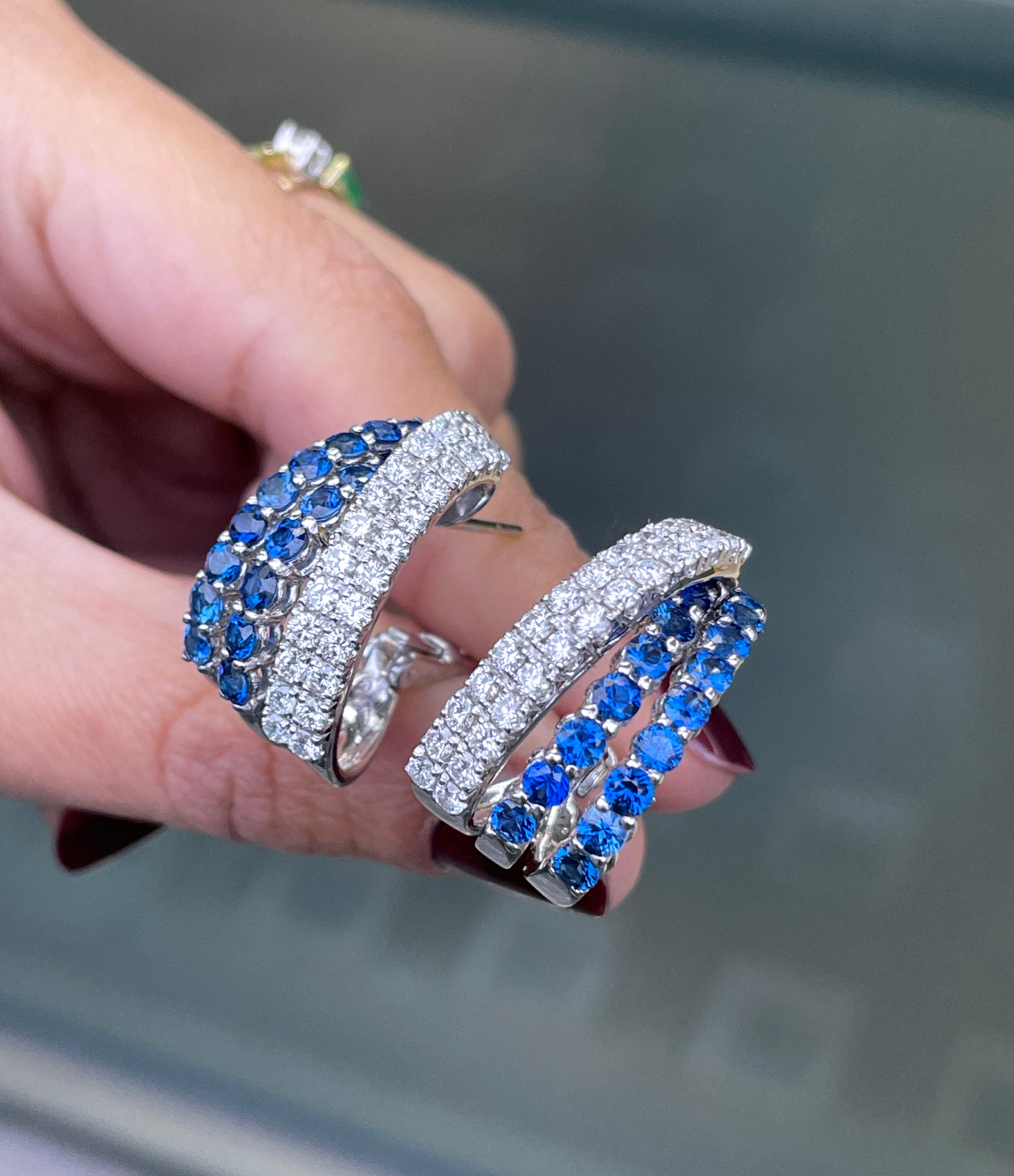 Modern Damiani Sapphire and Diamond 18 Carat White Gold Multi Row Half-Hoop Earrings For Sale