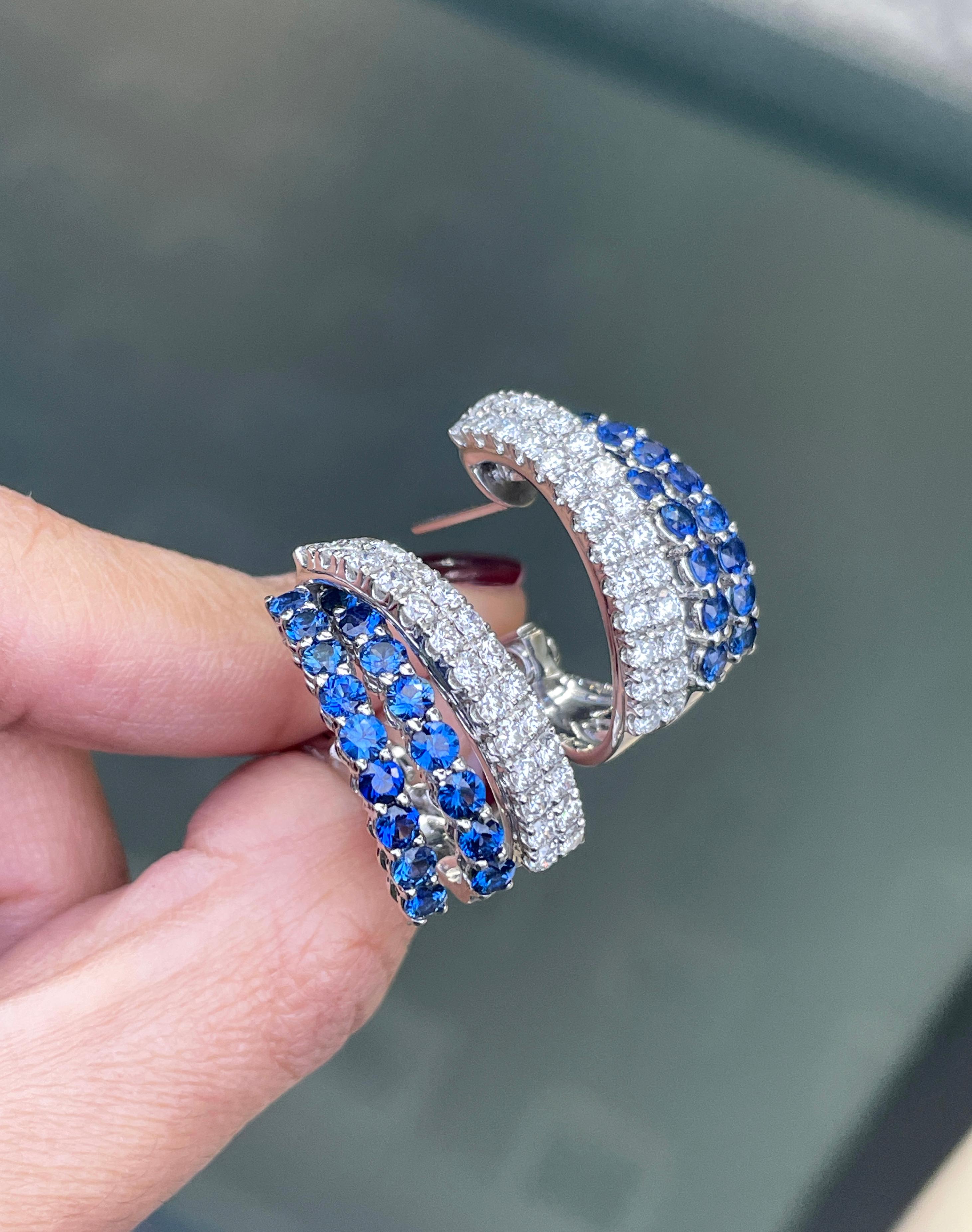 Round Cut Damiani Sapphire and Diamond 18 Carat White Gold Multi Row Half-Hoop Earrings For Sale