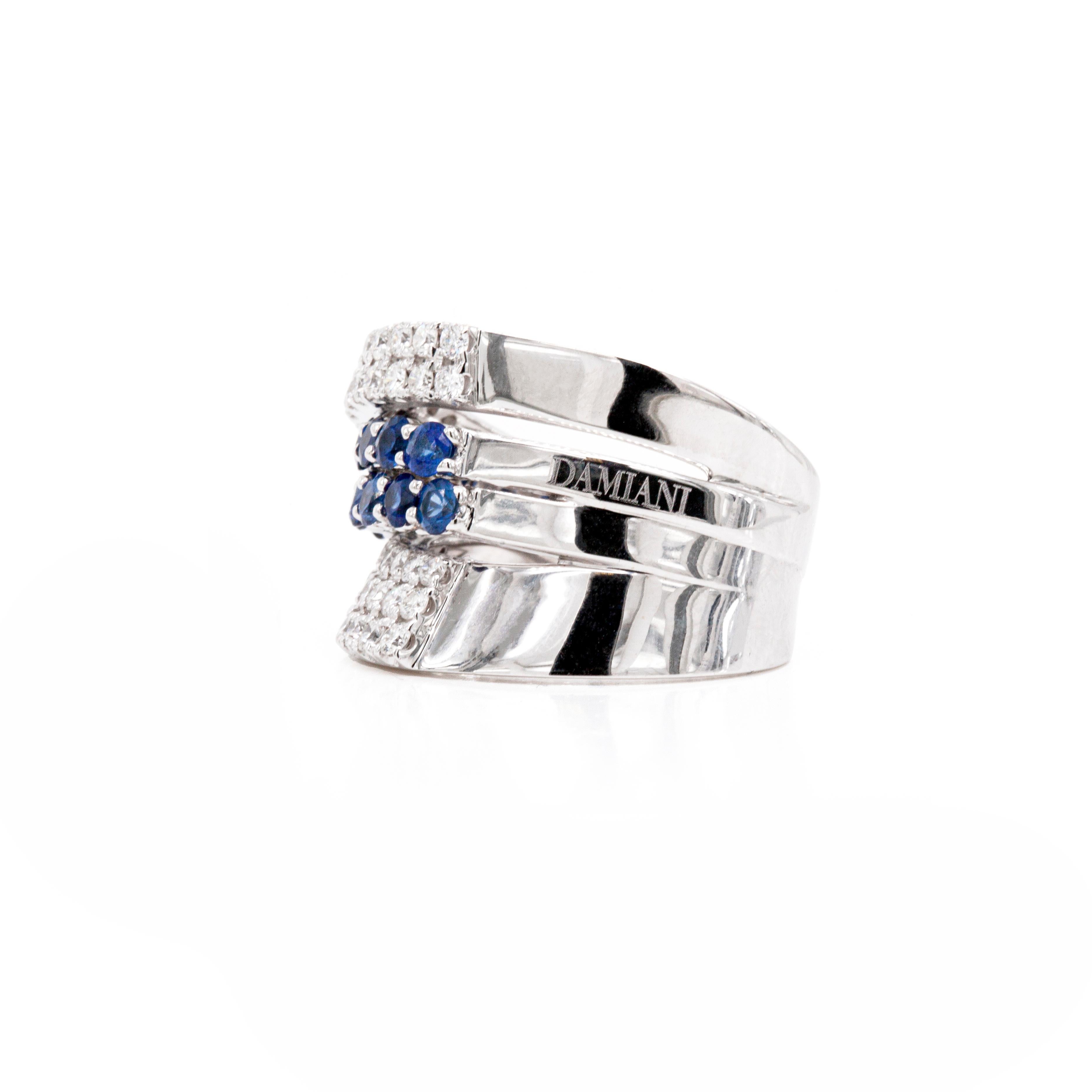 Round Cut Damiani Sapphire and Diamond 18 Carat White Gold Wide Cocktail Ring For Sale