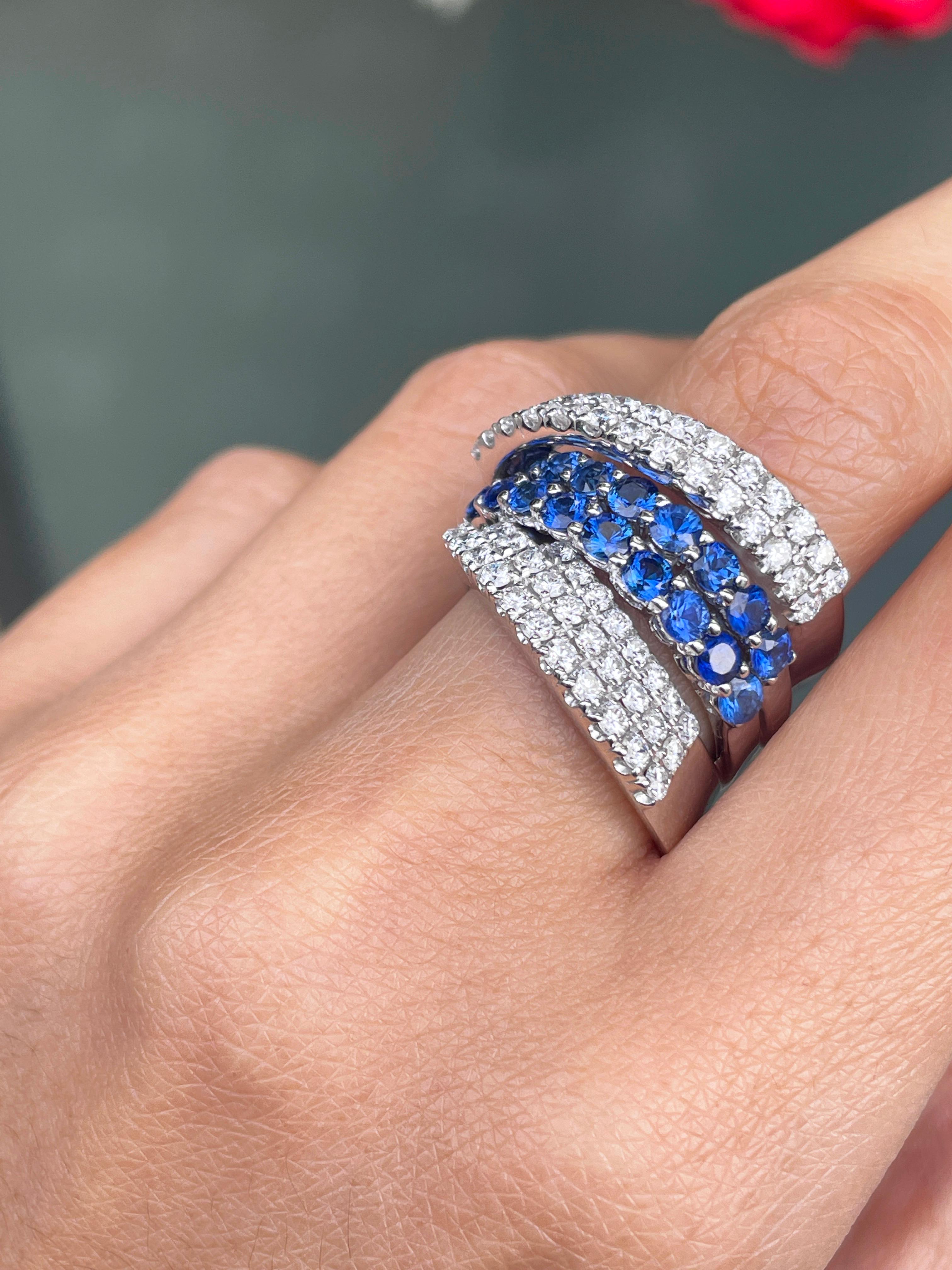 Damiani Sapphire and Diamond 18 Carat White Gold Wide Cocktail Ring In Excellent Condition For Sale In London, GB