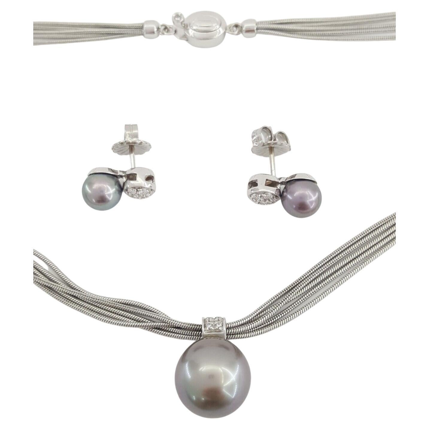 DAMIANI 18K White Gold 11-7mm Wide South Sea Pearl & 0.42 ct Round Brilliant Cut Pave Set Diamond Earrings & 5-Strand Necklace Set. 

