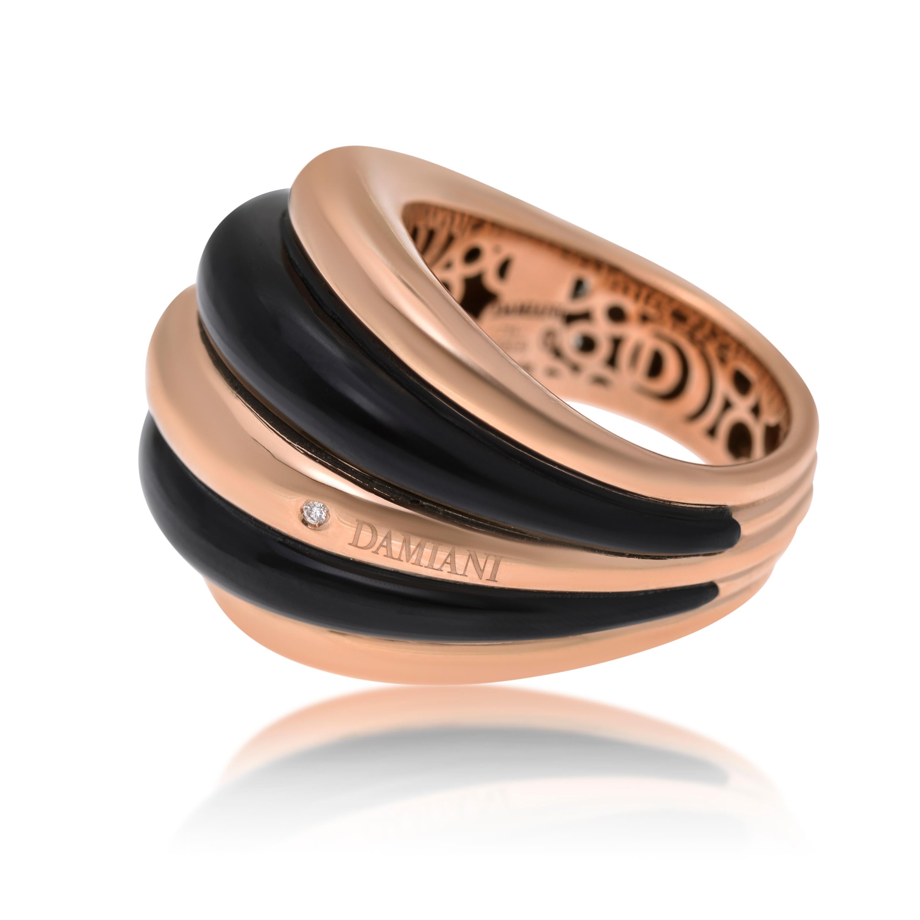 Contemporary Damiani Spicchi di Luna 18K Rose Gold, Onyx & Diamond Dome Ring Sz. 6 For Sale