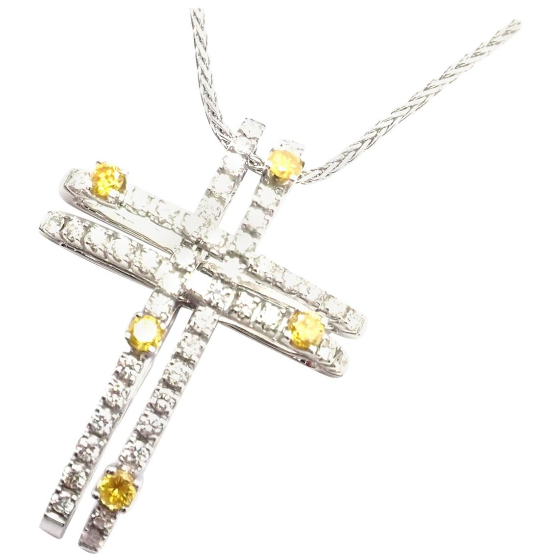 Damiani White and Yellow Diamond Cross White Gold Pendant Necklace