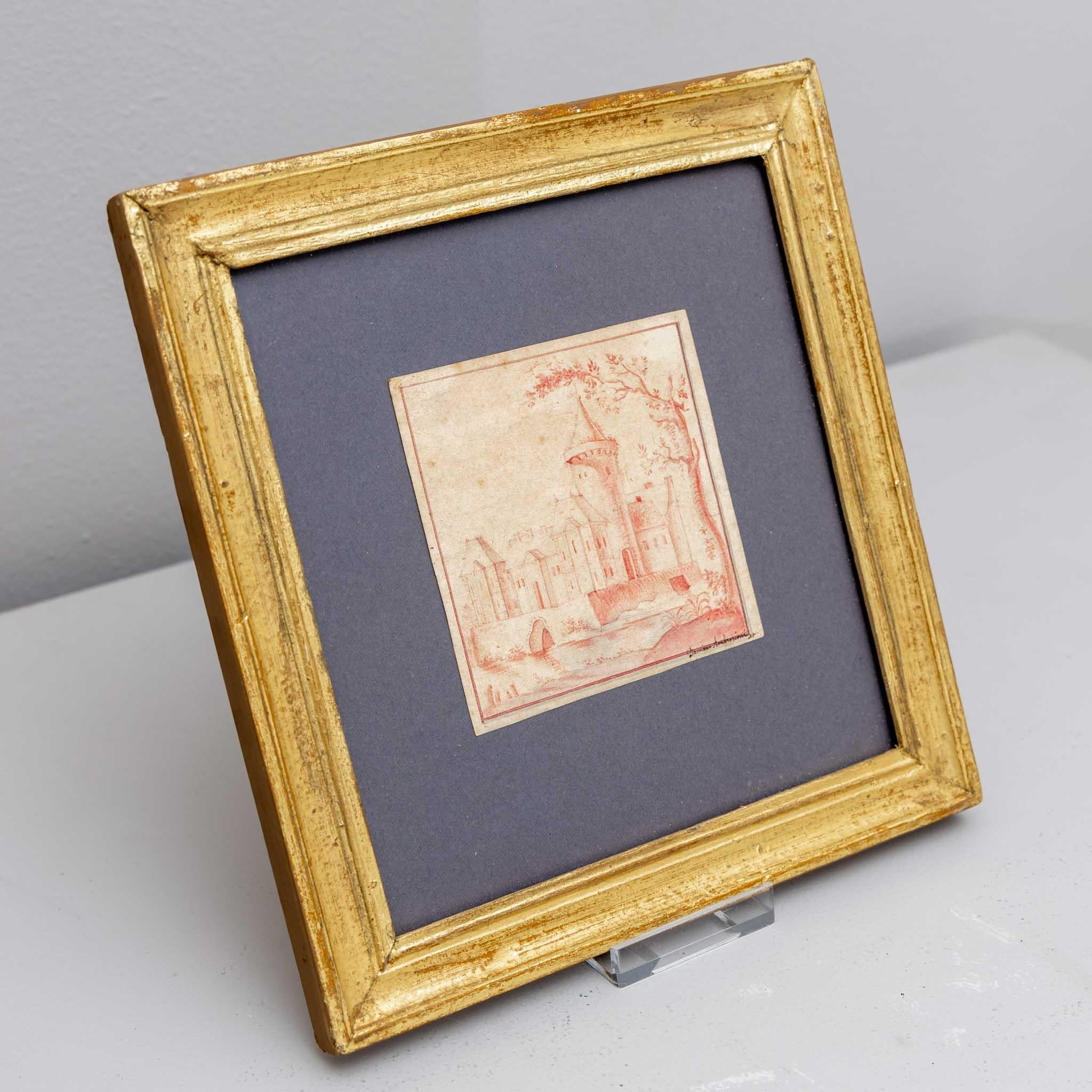 Baroque Damiano Ambrosioni, Red Chalk Drawing of a City, Giltwood, Italy 17th Century For Sale
