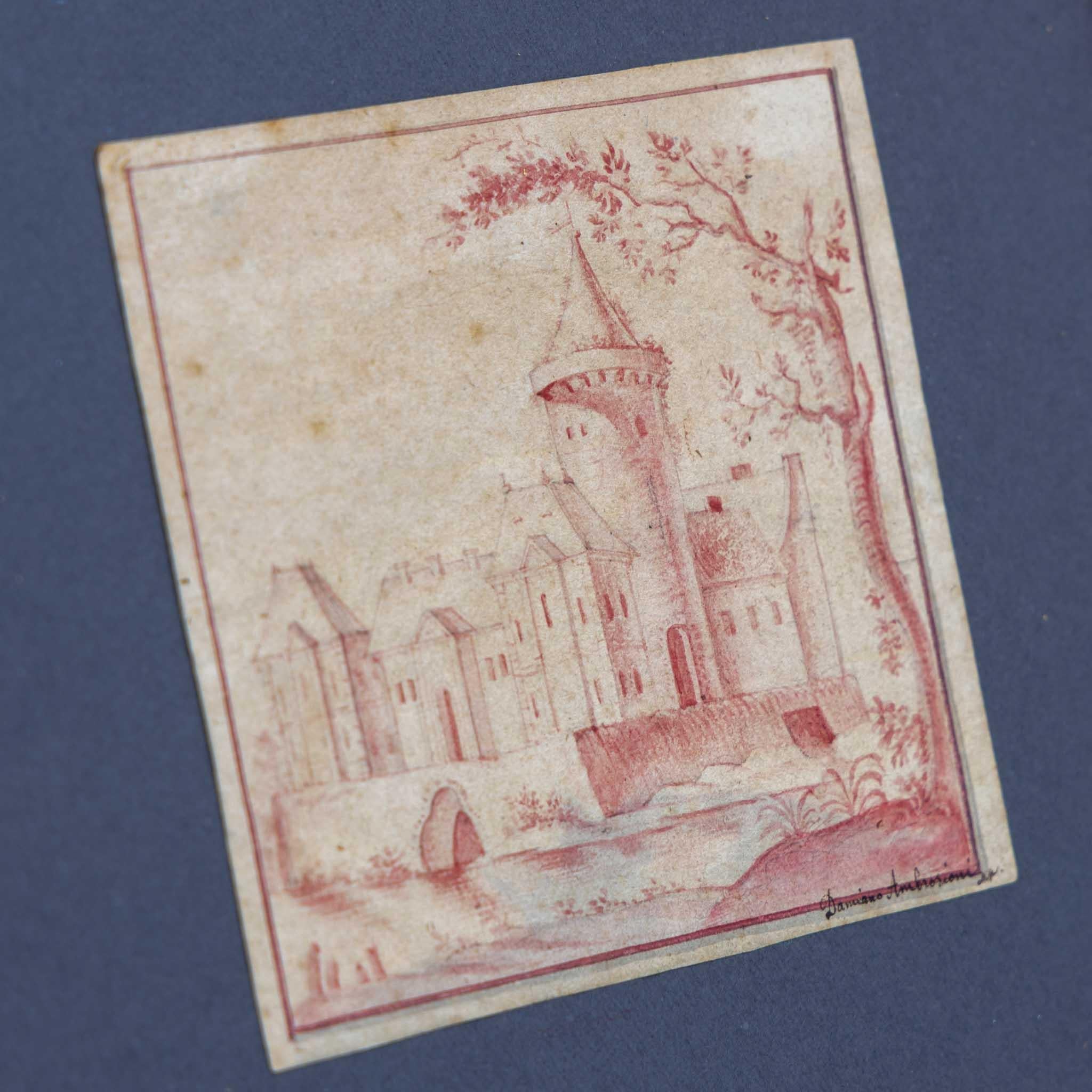 Italian Damiano Ambrosioni, Red Chalk Drawing of a City, Giltwood, Italy 17th Century For Sale