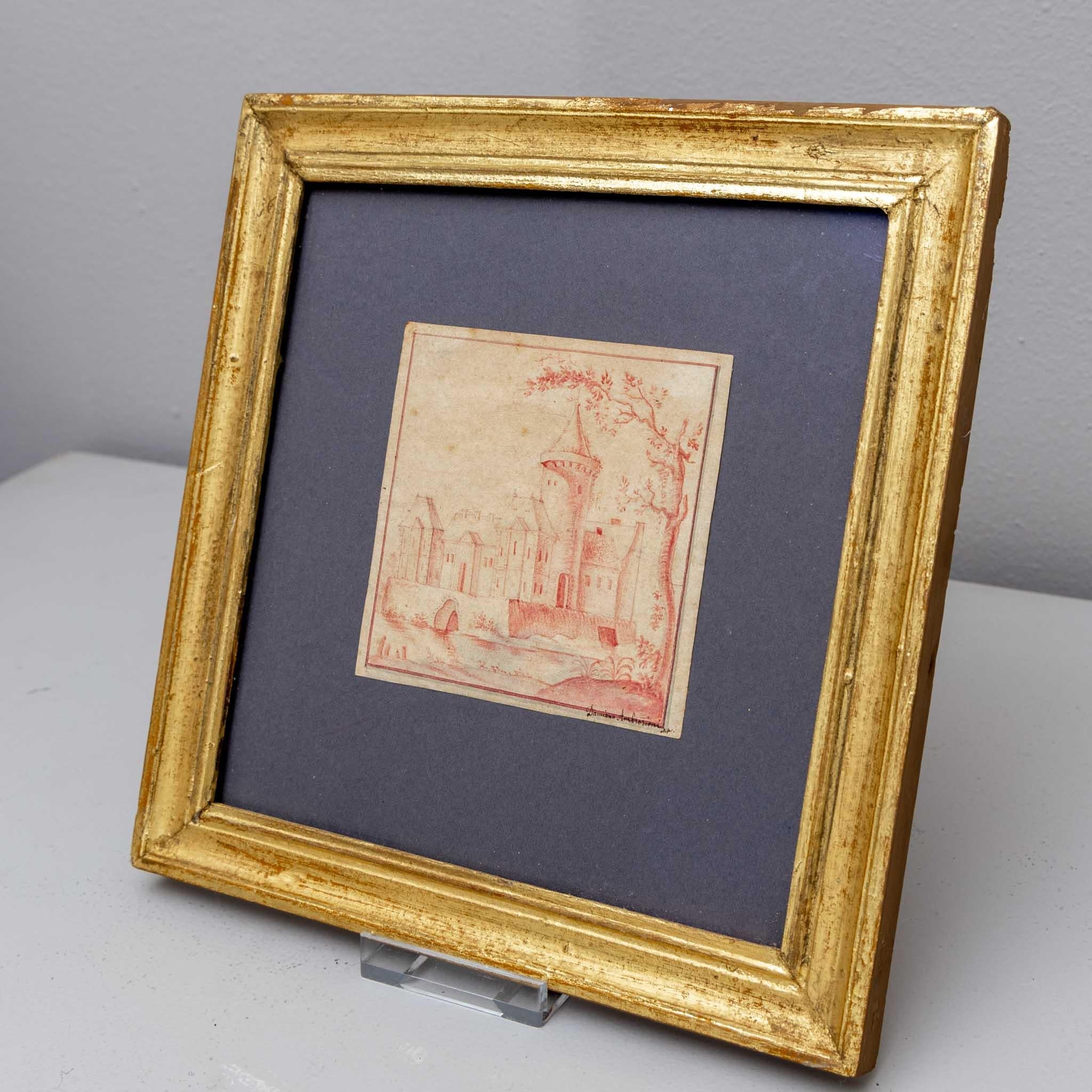 Damiano Ambrosioni, Red Chalk Drawing of a City, Giltwood, Italy 17th Century In Good Condition For Sale In Greding, DE