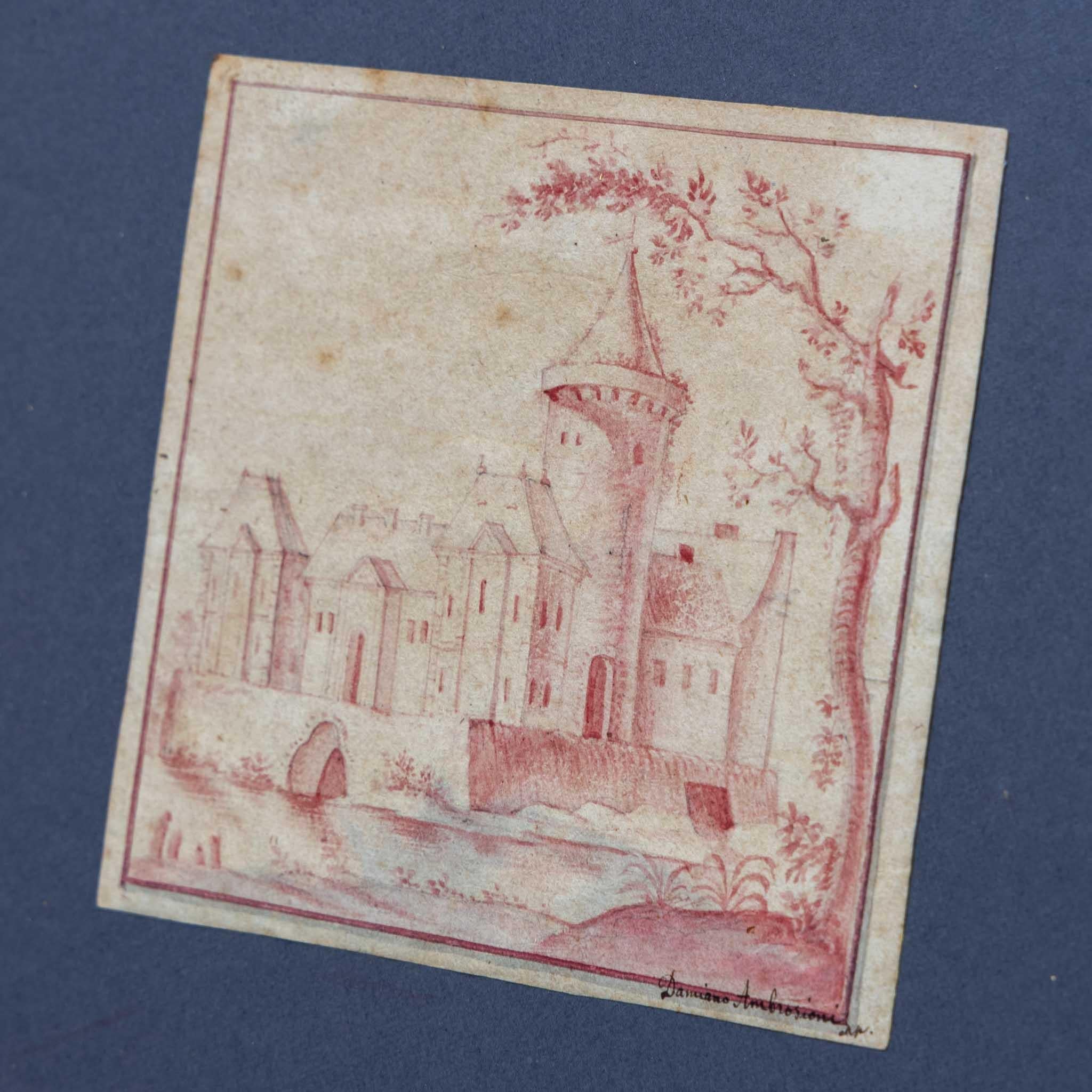 18th Century and Earlier Damiano Ambrosioni, Red Chalk Drawing of a City, Giltwood, Italy 17th Century For Sale