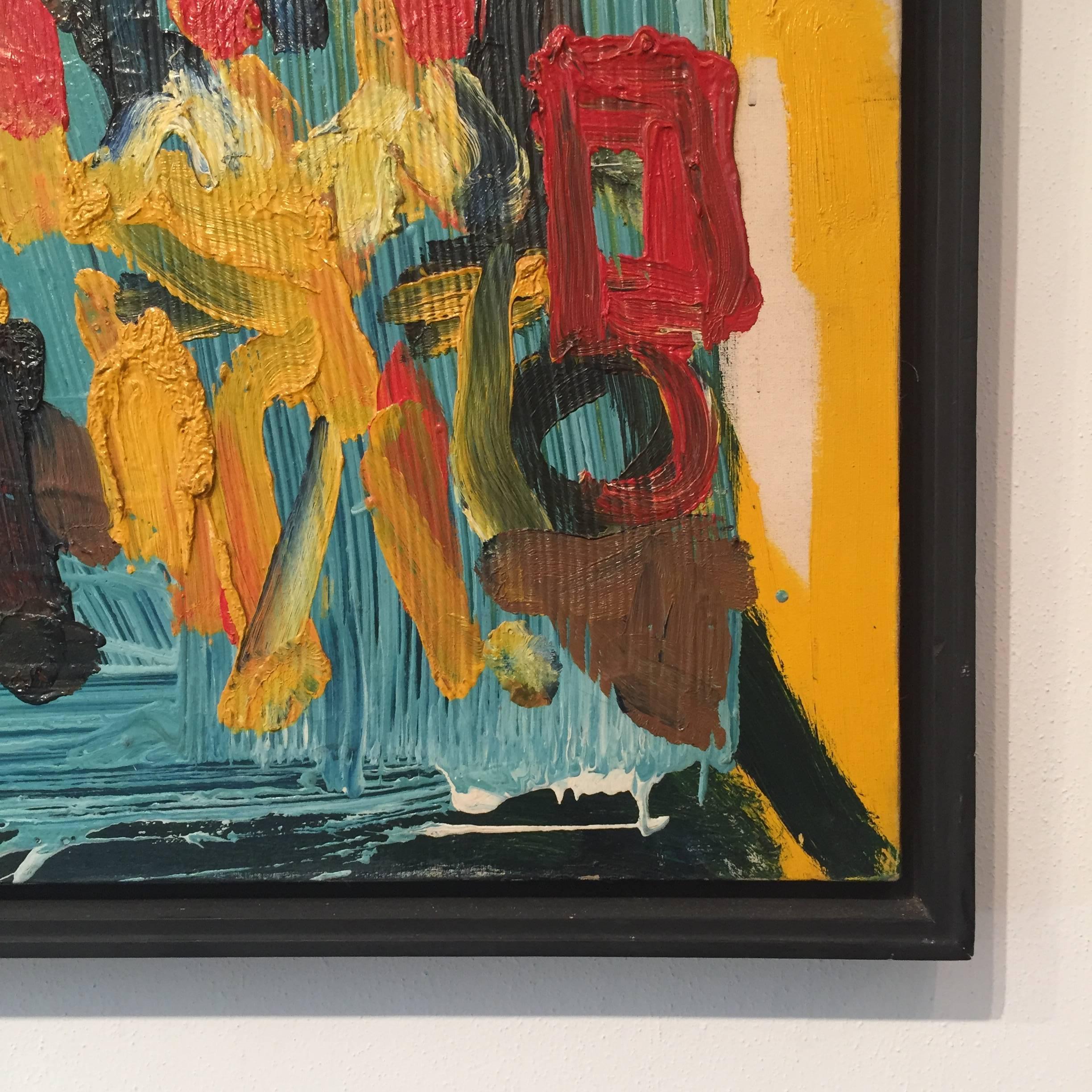 Bernard Damiano 'Composition' 1975 Oil Canvas Expressionism Colorful Yellow Cyan For Sale 7