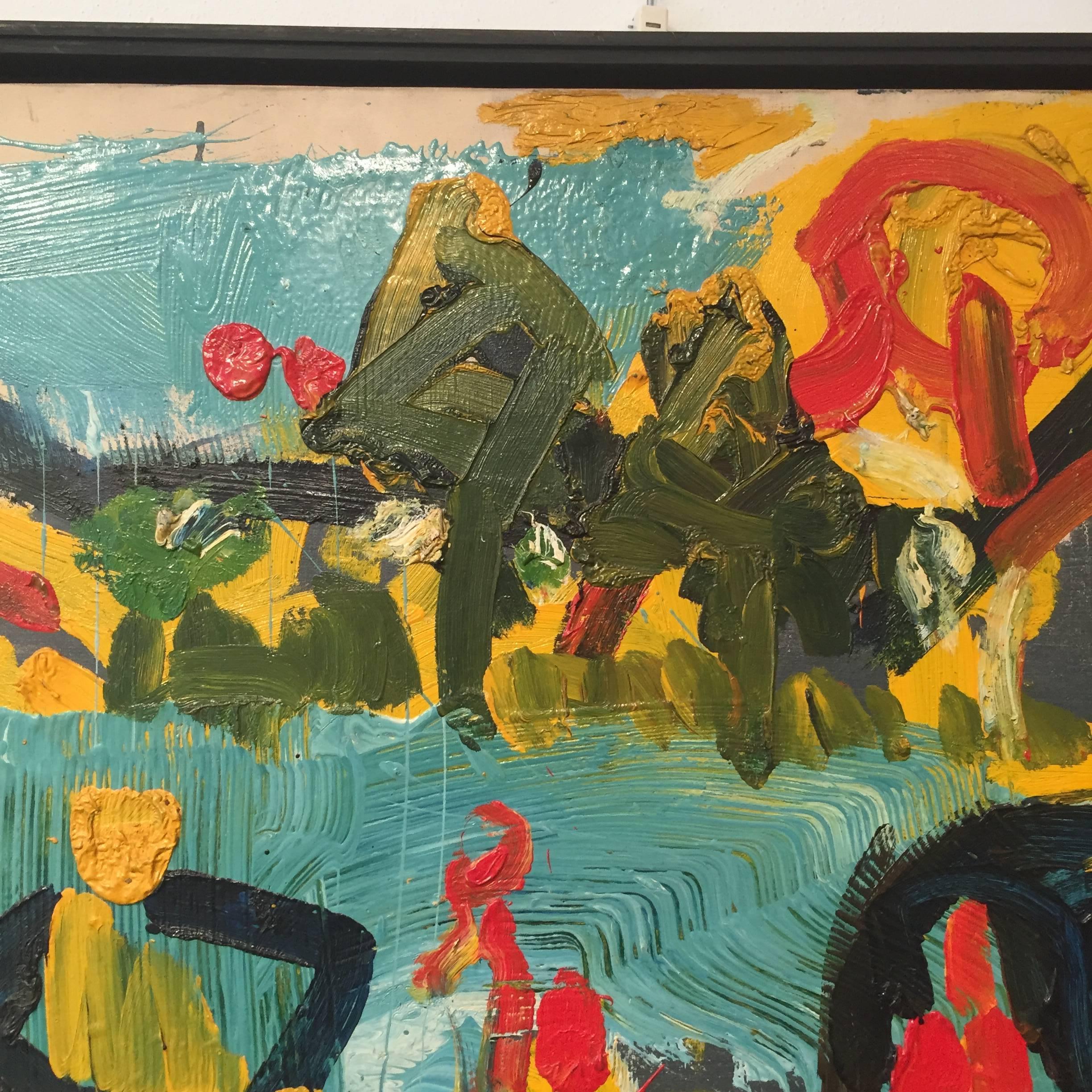 Bernard Damiano 'Composition' 1975 Oil Canvas Expressionism Colorful Yellow Cyan For Sale 9