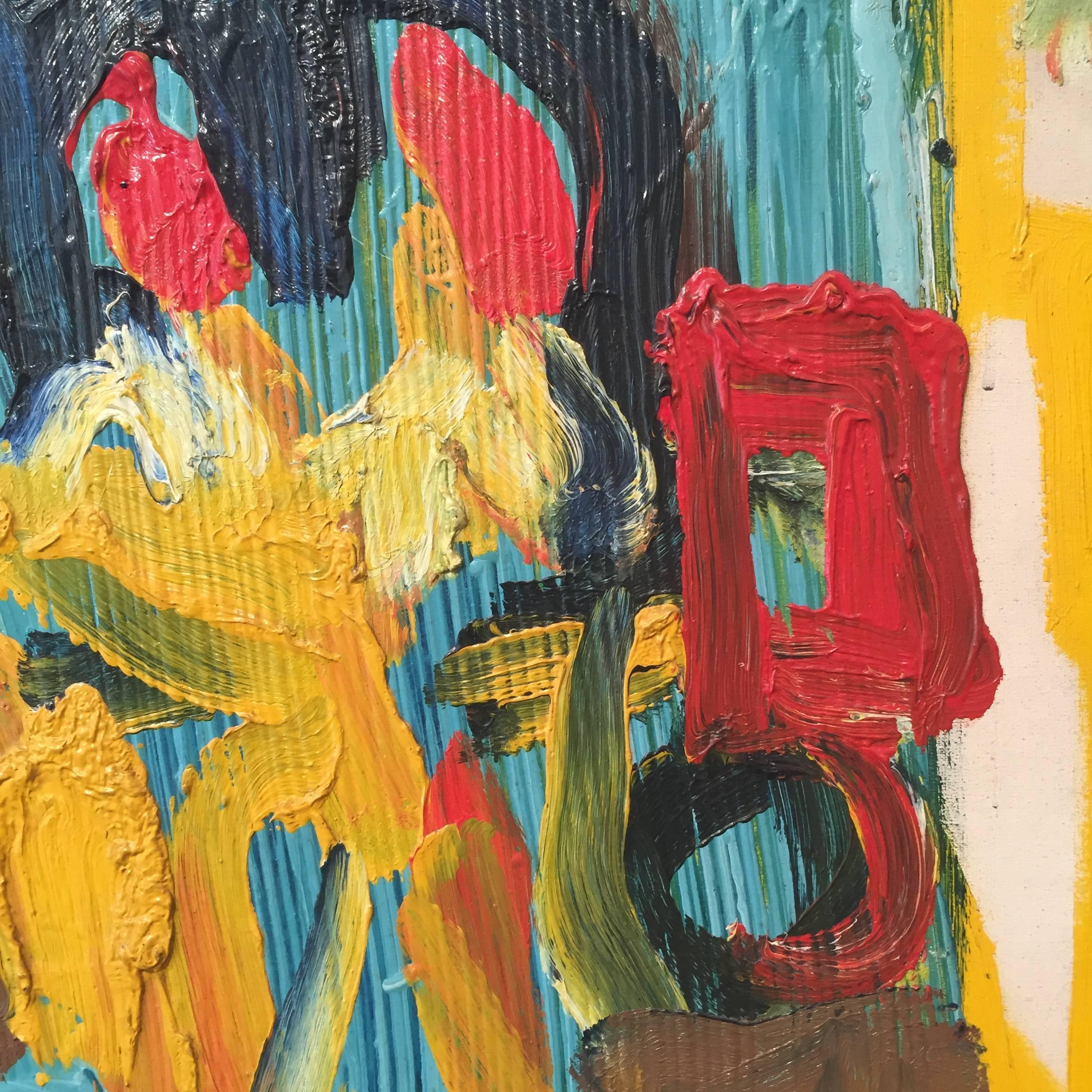 Bernard Damiano 'Composition' 1975 Oil Canvas Expressionism Colorful Yellow Cyan For Sale 12