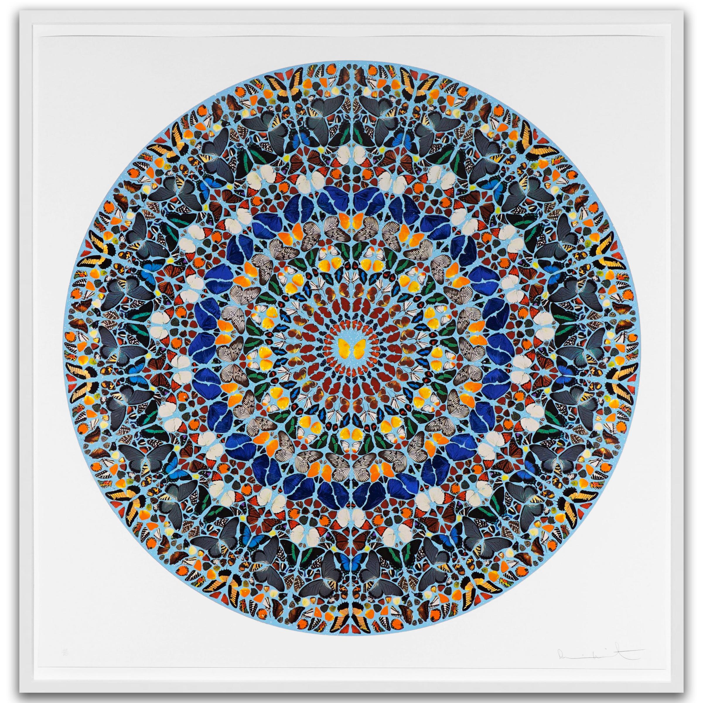 The grand ‘Mantra' butterfly wing kaleidoscope mandala with diamond dust by contemporary master artist, Damien Hirst, was created in 2011. The large-scale glittering artwork is a silkscreen print with layers of genuine diamond dust and is the