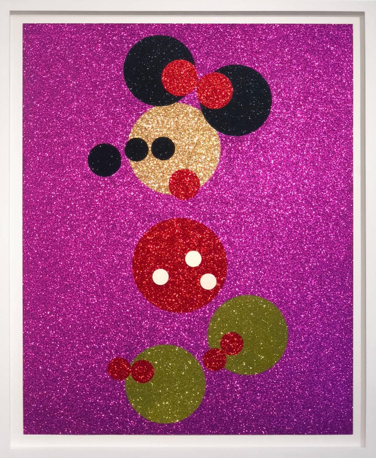 "Minnie" is of a matching set with "Mickey" and "Minnie." 

Set against a vibrant pink background and encrusted in glitter, Damien Hirst’s “Minnie” is a playful reimagining of the beloved Disney character, “Minnie Mouse.” Here, the cartoon character