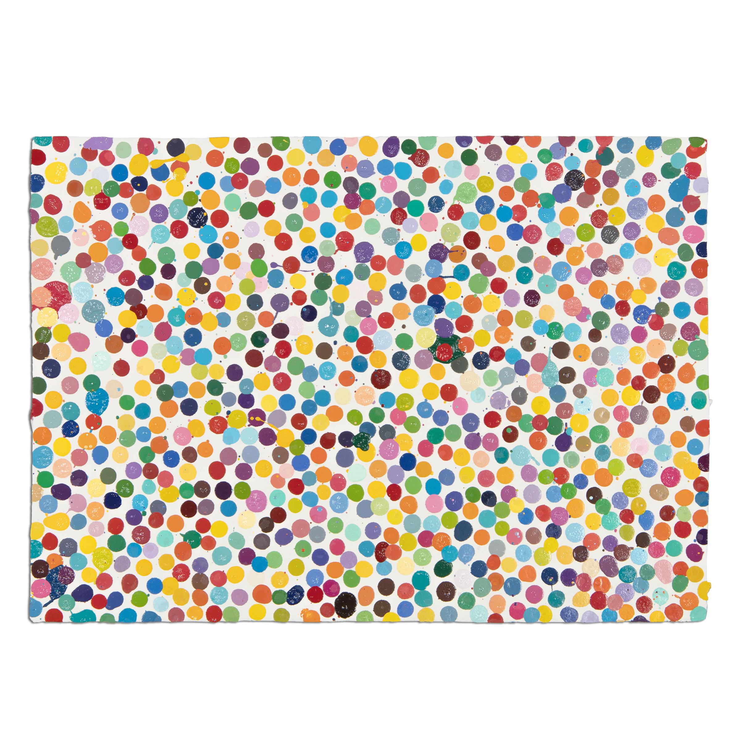 Damien Hirst (British, born 1965)
And you know it?  (The Currency), 2016
Medium: Enamel paint on handmade paper
Dimensions: 20 x 30 cm (7.8 x 11.8 in)
Series: Unique variant from The Currency series of 5,149
Markings: Hand-signed, titled and dated