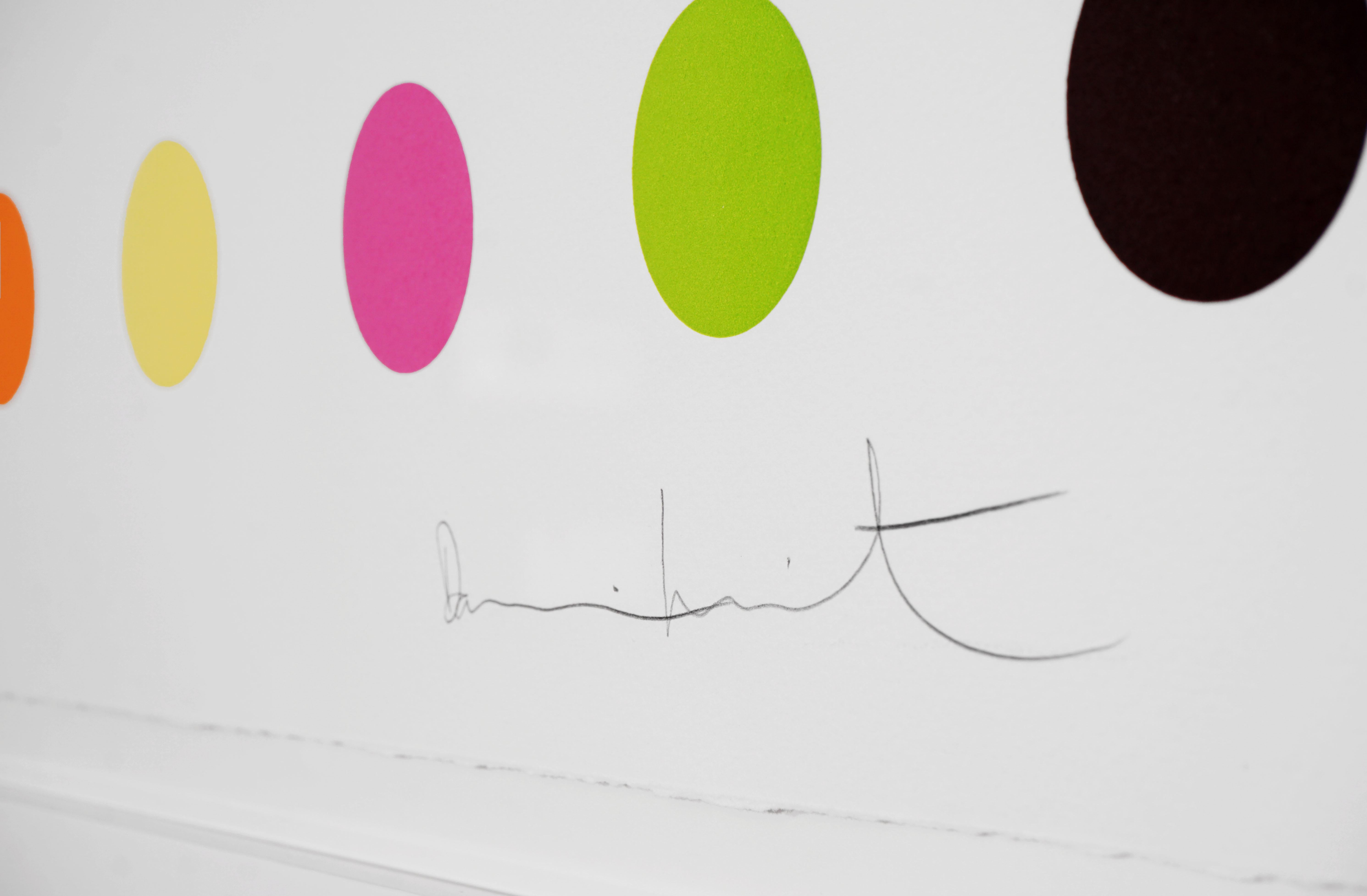 Horizontal Spots by Damien Hirst is a woodcut in his signature, bright color palette formed with series unique colors. This exquisite piece is created in a limited edition of 55. Signed by the artist in pencil in the lower right corner and numbered