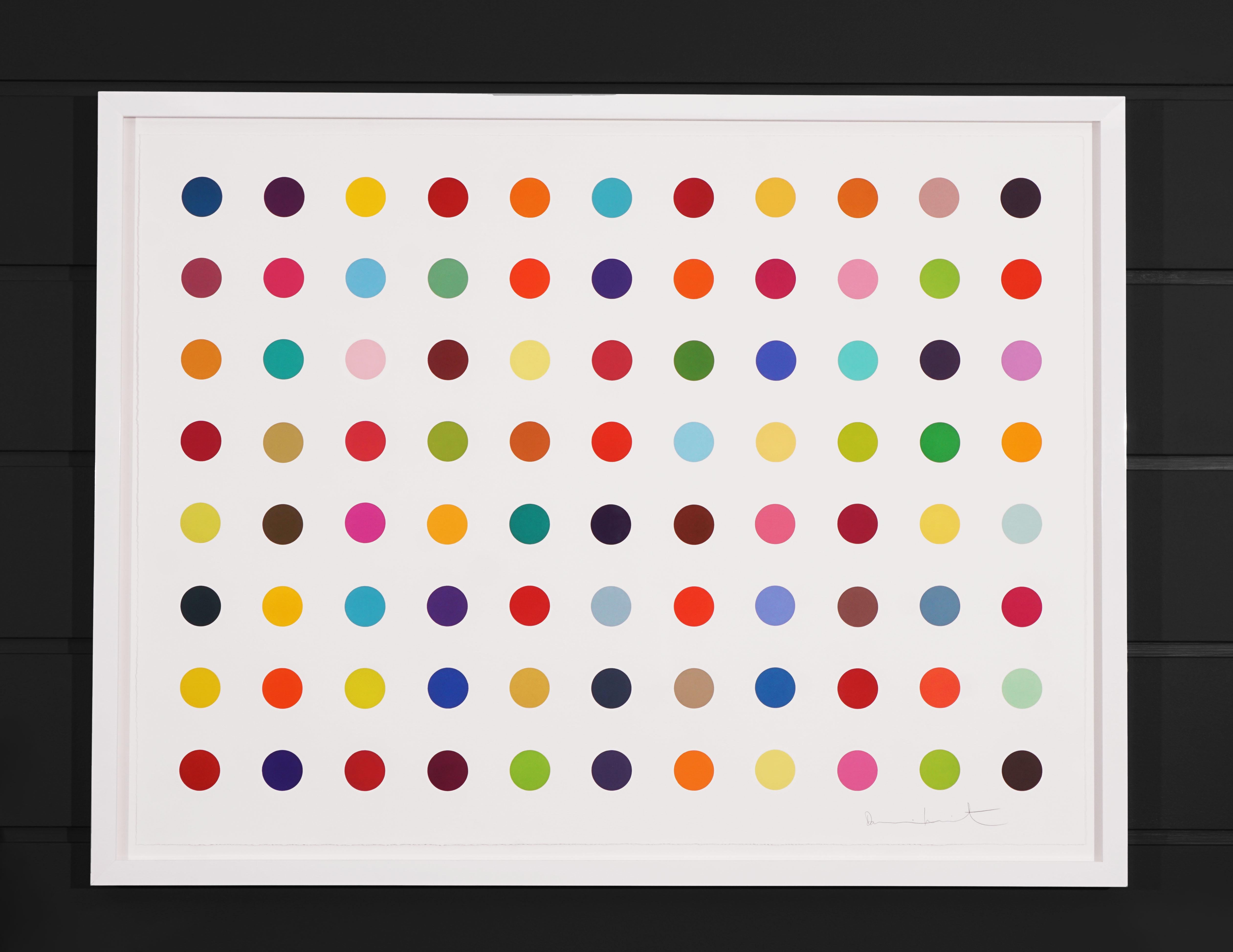 The Horizontal 'Spots' by Damien Hirst is a multi-color woodcut in his signature palette formed with series unique colors. This exquisite piece is created in a limited edition of only 55 in existence. Signed by the artist in pencil in the lower