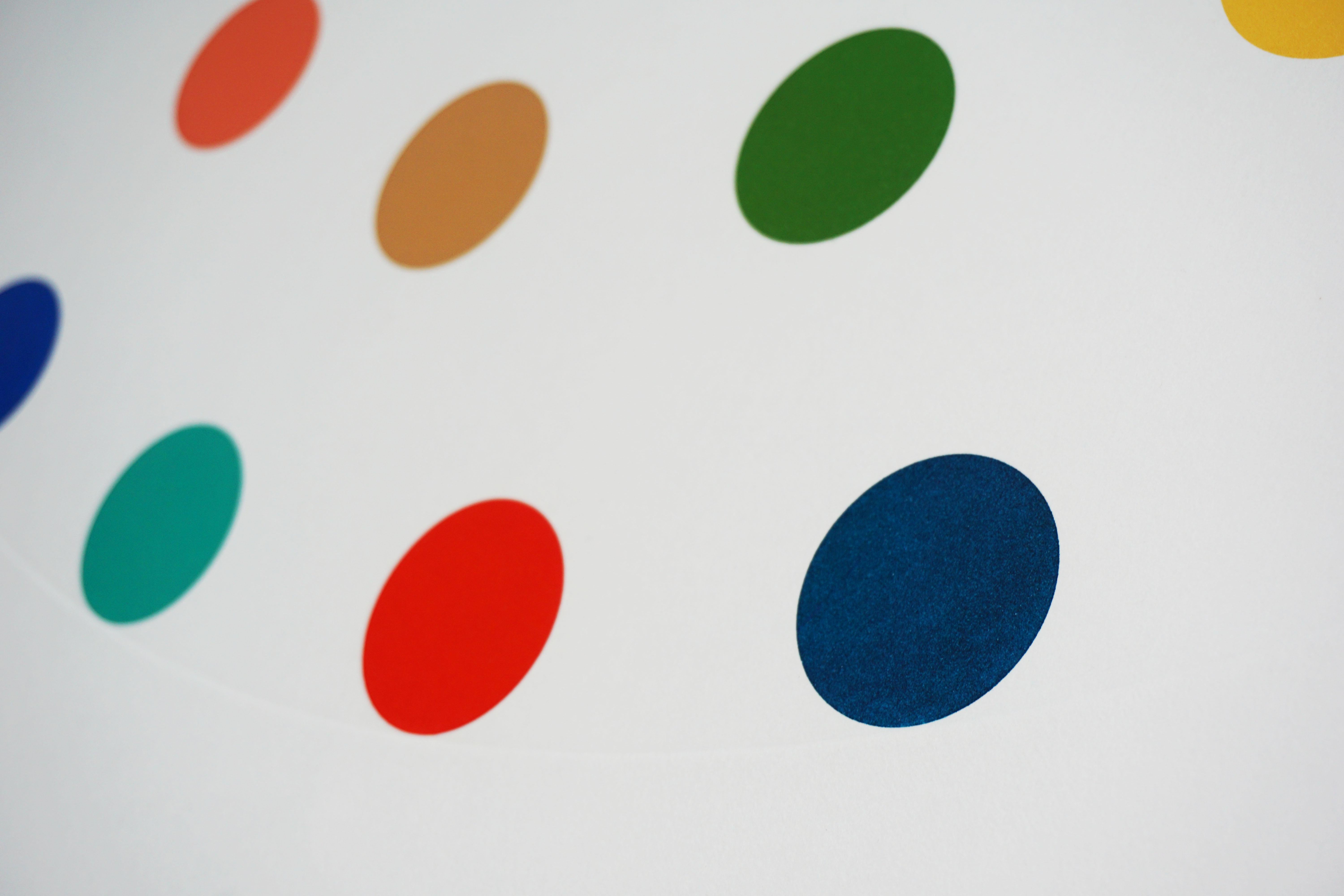 The Multi-color Spots by Damien Hirst is hand etched with aquatint in his signature, never repeated, palette of bright colors. Signed by the artist in pencil on the lower center and numbered on verso. This artwork comes in a custom made museum