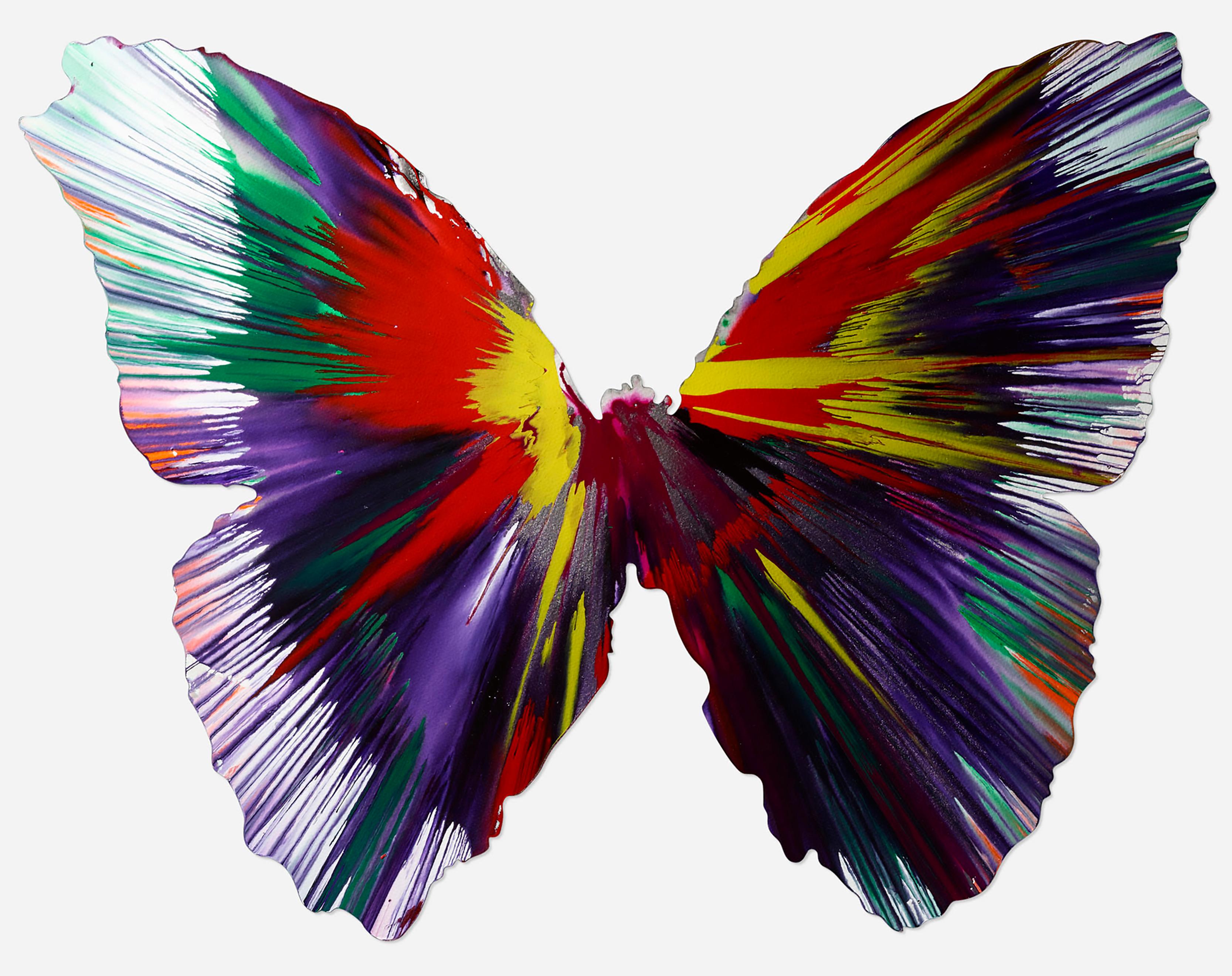 Damien Hirst Spin Painting, 2009 (Damien Hirst Butterfly):
An enthralling Damien Hirst Spin painting with explosions of vivid color amidst the timeless beauty, shape & movement of a Hirst butterfly. This Damien Hirst Spin painting originates from