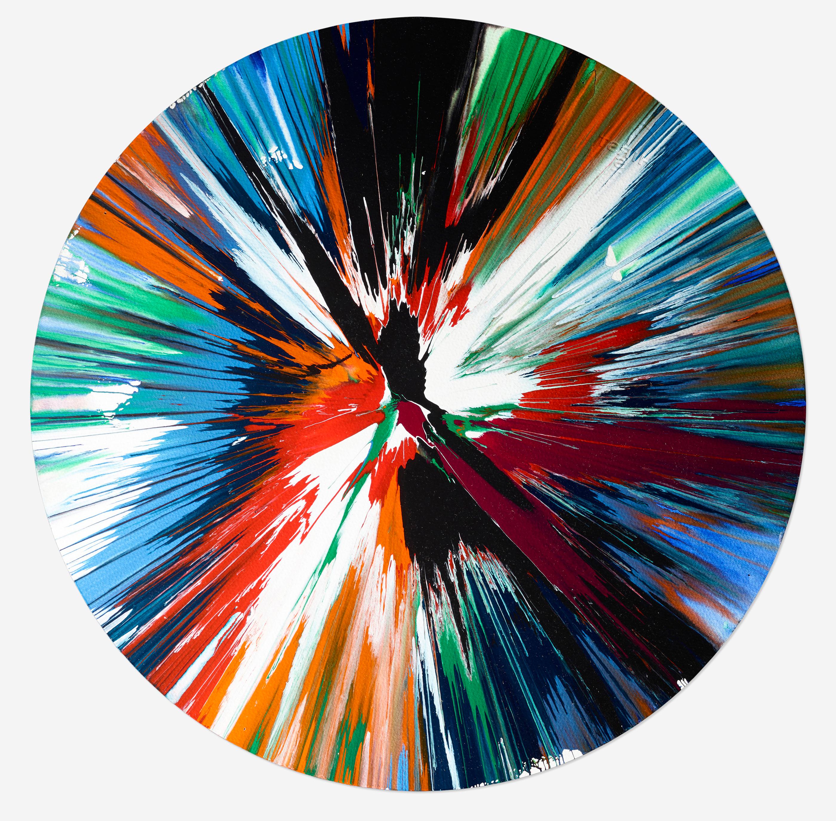 Damien Hirst Spin Painting, 2009 (Damien Hirst Circle):
Ein faszinierendes Damien Hirst Spin-Gemälde mit Explosionen von lebendigen Farben inmitten der zeitlosen, geheimnisvollen Form eines herausragenden Hirst-Kreises. Dieses Damien Hirst