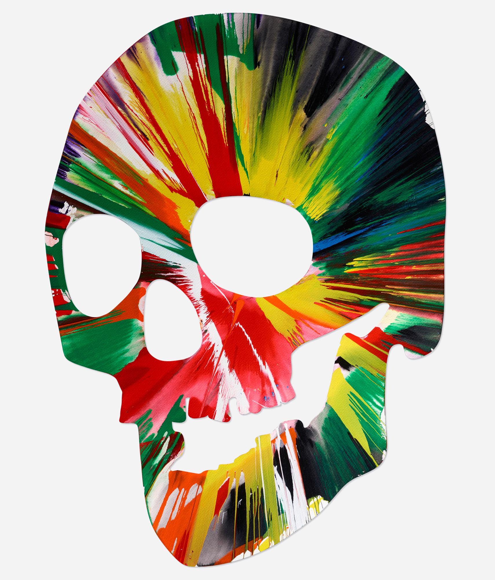 Damien Hirst Spin Painting, 2009 (Damien Hirst Skull) :
Une hypnotique peinture de Damien Hirst Spin avec des explosions de couleurs vives au milieu de la forme intemporelle et mystérieuse d'un crâne de Hirst. Cette peinture Spin de Damien Hirst