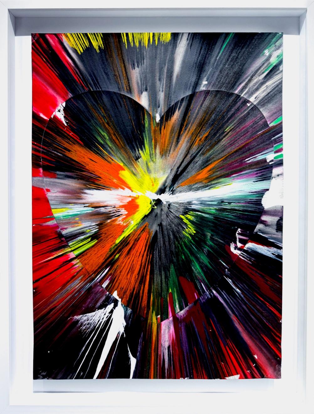 Damien Hirst Abstract Painting - Heart Spin: Framed Abstract Acrylic Painting in Black, Orange, Yellow