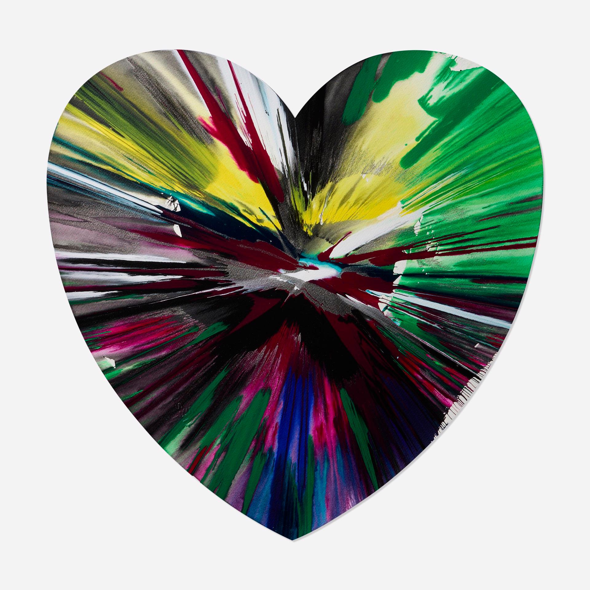 <p>Damien Hirst (1965) Hearth Spin Painting (2009) acrylic and metallic paint on paper 20⅛ h × 20⅜ w in (51 × 52 cm) Signed and stamped with Damien Hirst's studio's blindstamp; stamped with the artist's signature and copyright, dated 2009 on the