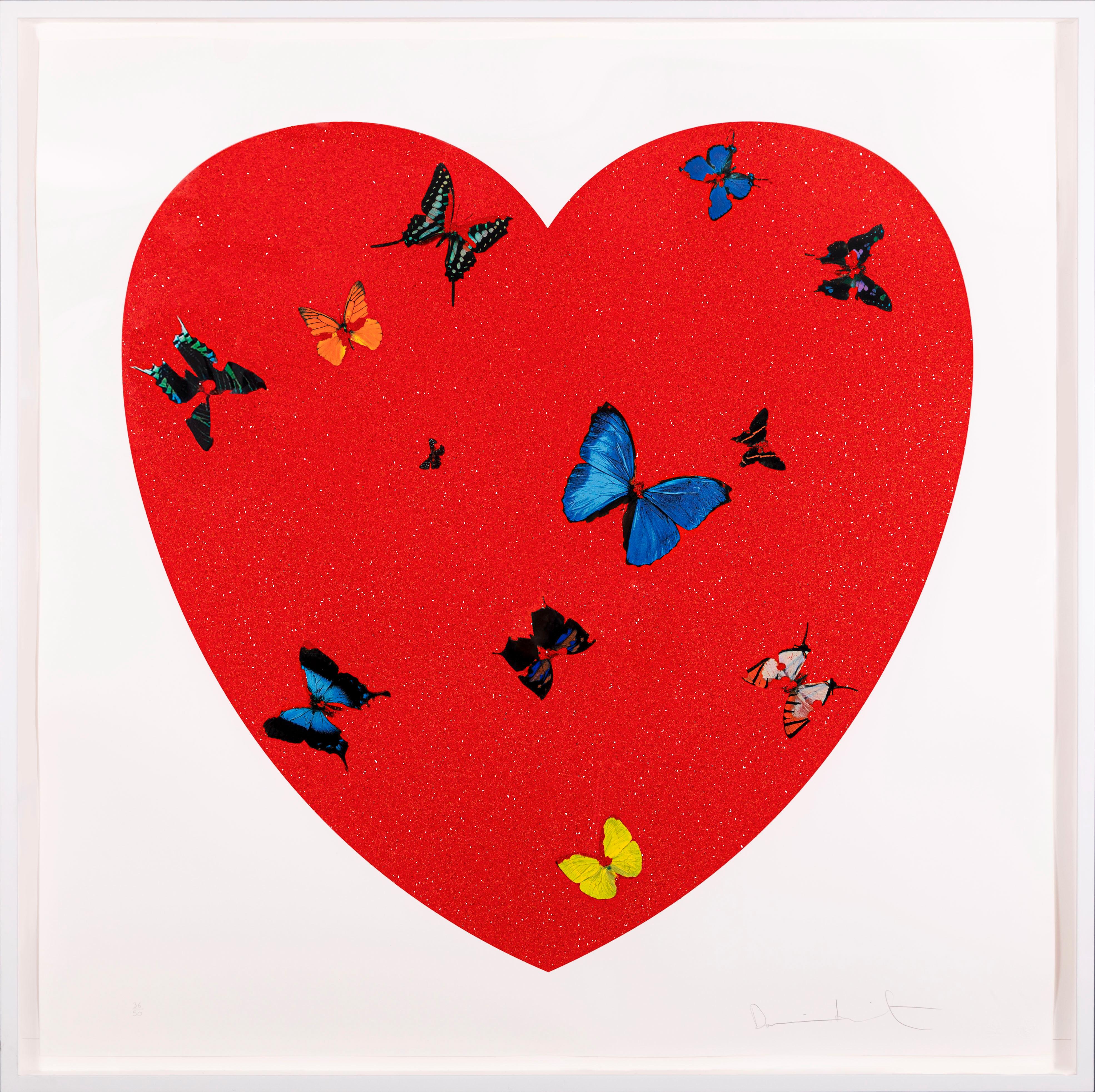 The ‘All You Need Is Love, Love, Love’ butterfly heart with diamond dust by contemporary master artist, Damien Hirst, was created in 2010. It is signed and numbered by the Artist and stamped by the publisher. Published by Other Criteria, London.