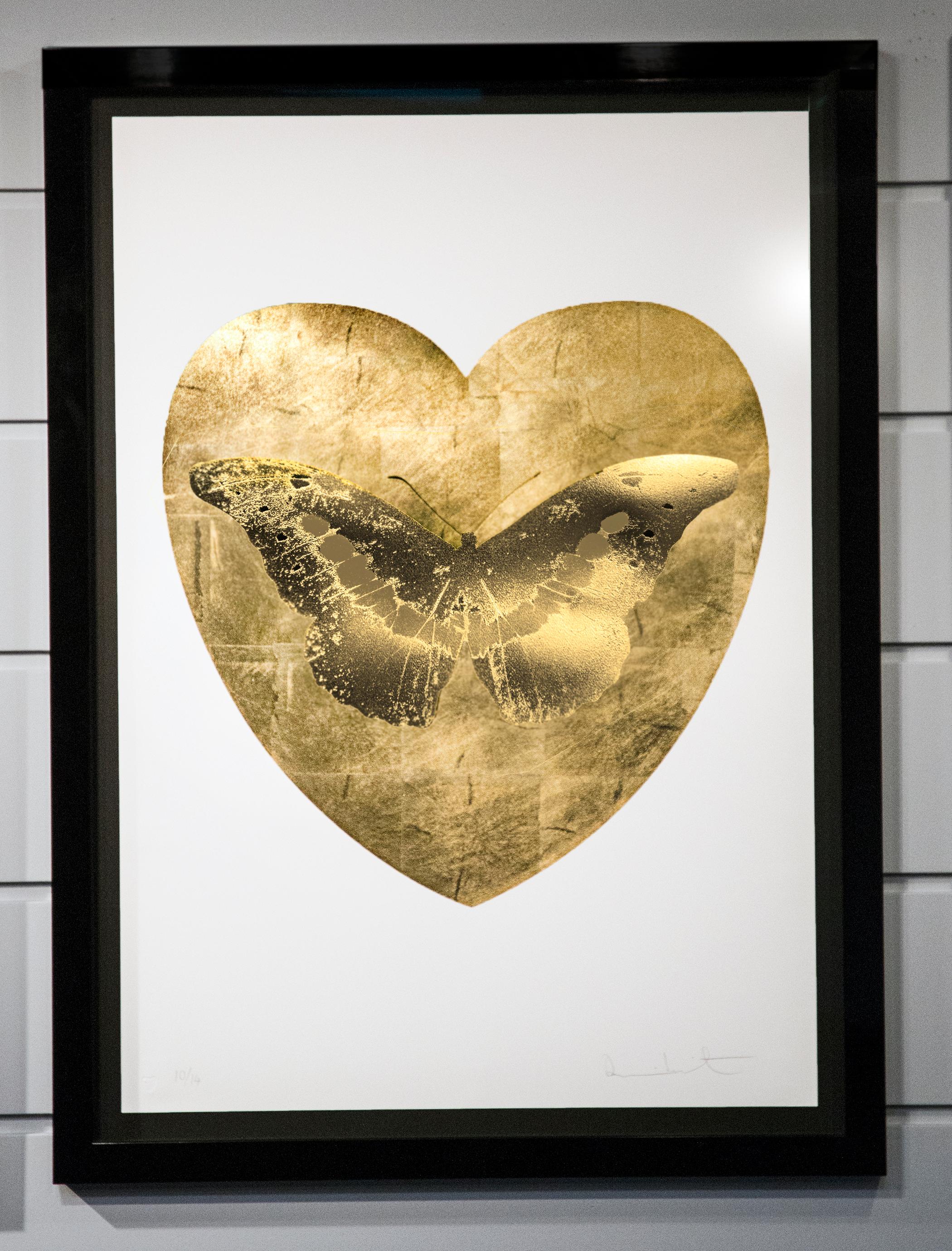 This series 'I Love You' is created in Damien Hirst's signature style using butterflies as a symbolism for the celebration of life. This particular work is stunning with the tonal gold butterfly set on a gold leaf foil-block heart. Exclusive edition
