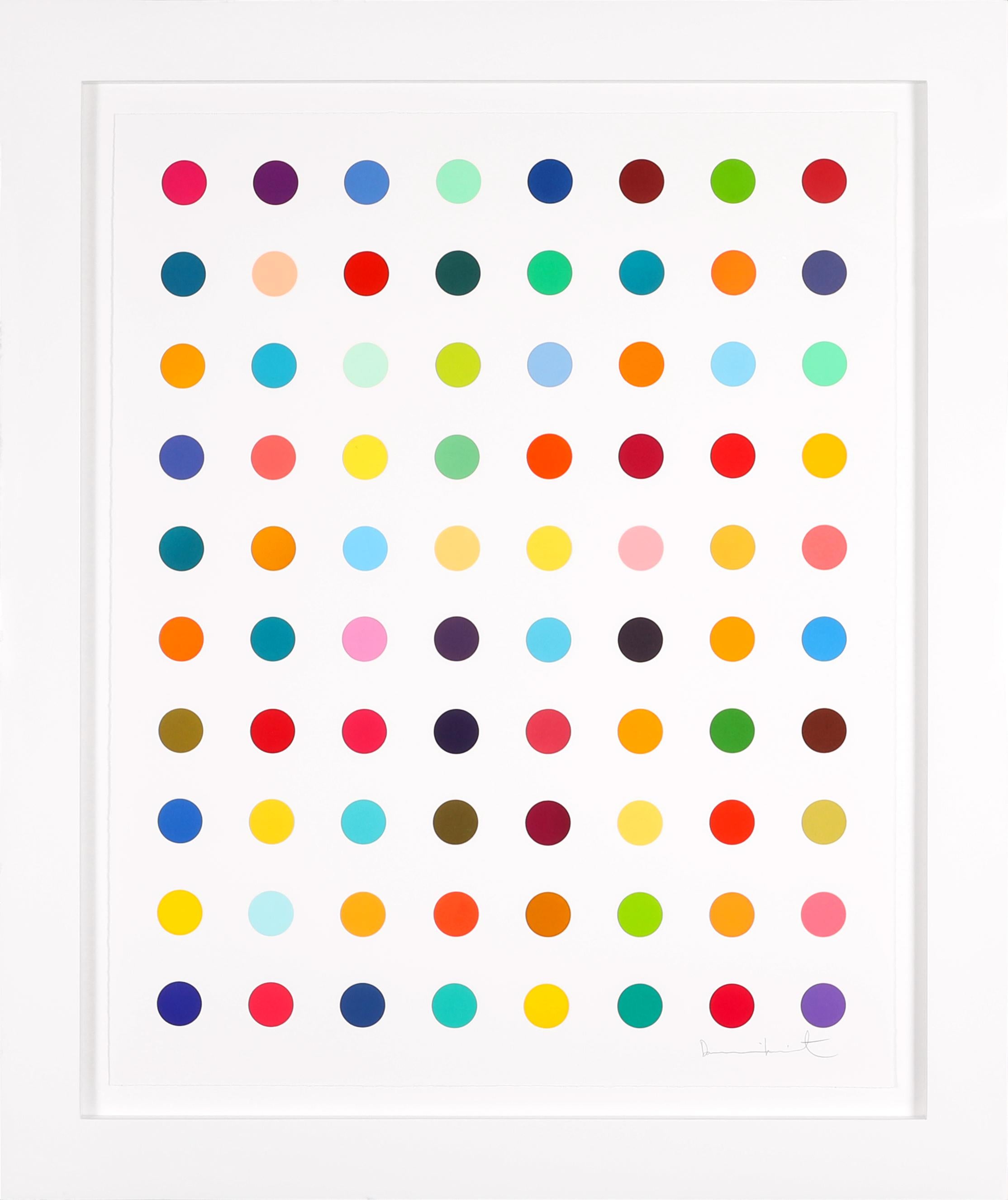The vertical Spots 'Gly-Gly-Ala' by Damien Hirst is a multi-color woodcut in his signature palette formed with series unique colors. This exquisite piece is created in a limited edition of only 55 in existence. Signed by the artist in pencil in the