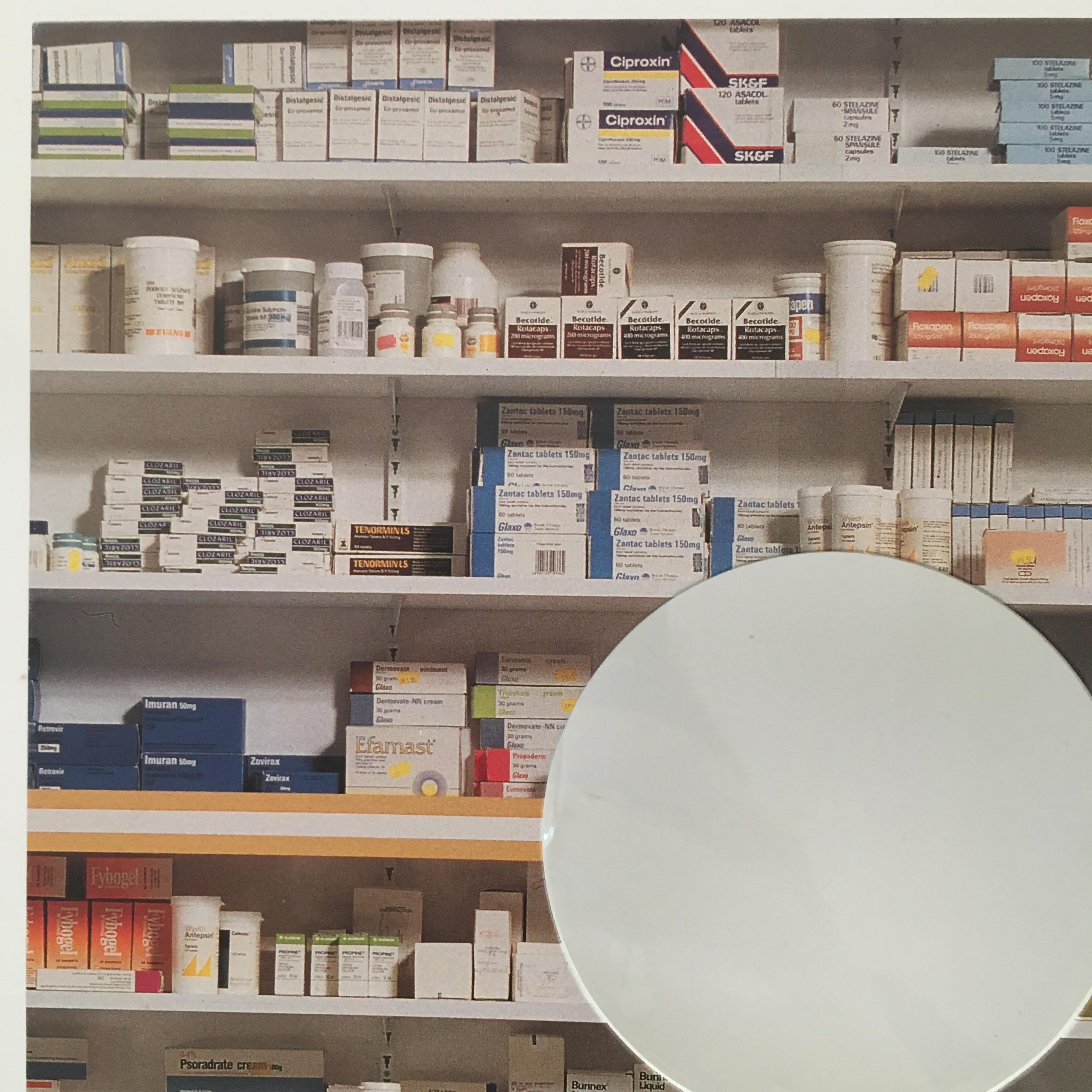 Damien Hirst (British, born 1965)
Pharmacy, 1992
Offset lithograph in colors on 4-ply board with diecut hole in center
8-1/2in H x 8-1/2in L  
Edition 92/200
Signed, numbered and with inscription 'it's a drug store!' in ink along lower edge
Framed