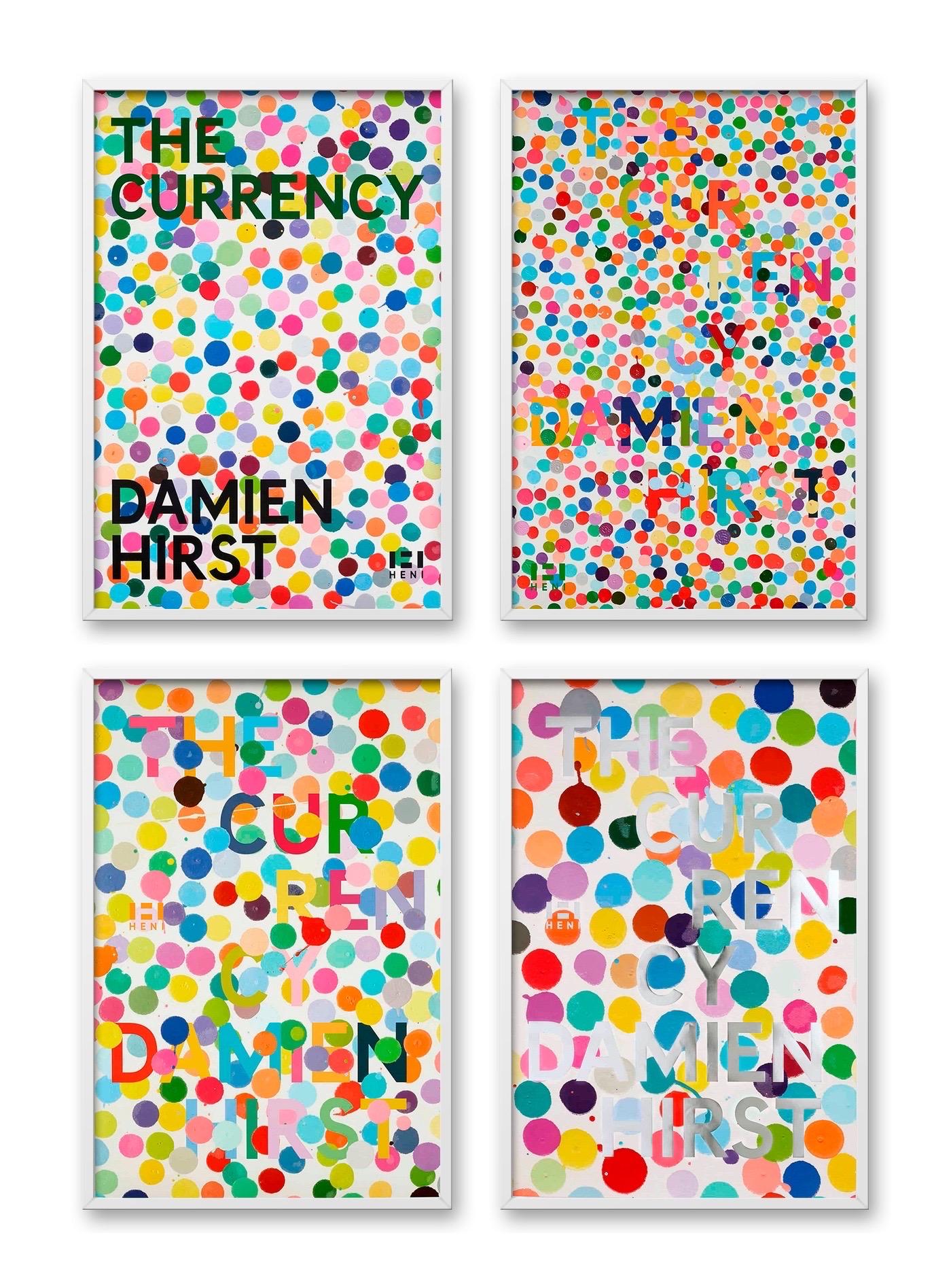 Damien Hirst, The Currency Posters (Set of 4) (Framed)

A set of four offset lithograph prints on thick semi-gloss paper in a white gallery box frame

Unframed: 59.4 x 88.9 cm (23 2/5 x 35 in)
Framed: 61.4 x 90.9 cm

Artworks are accompanied by a